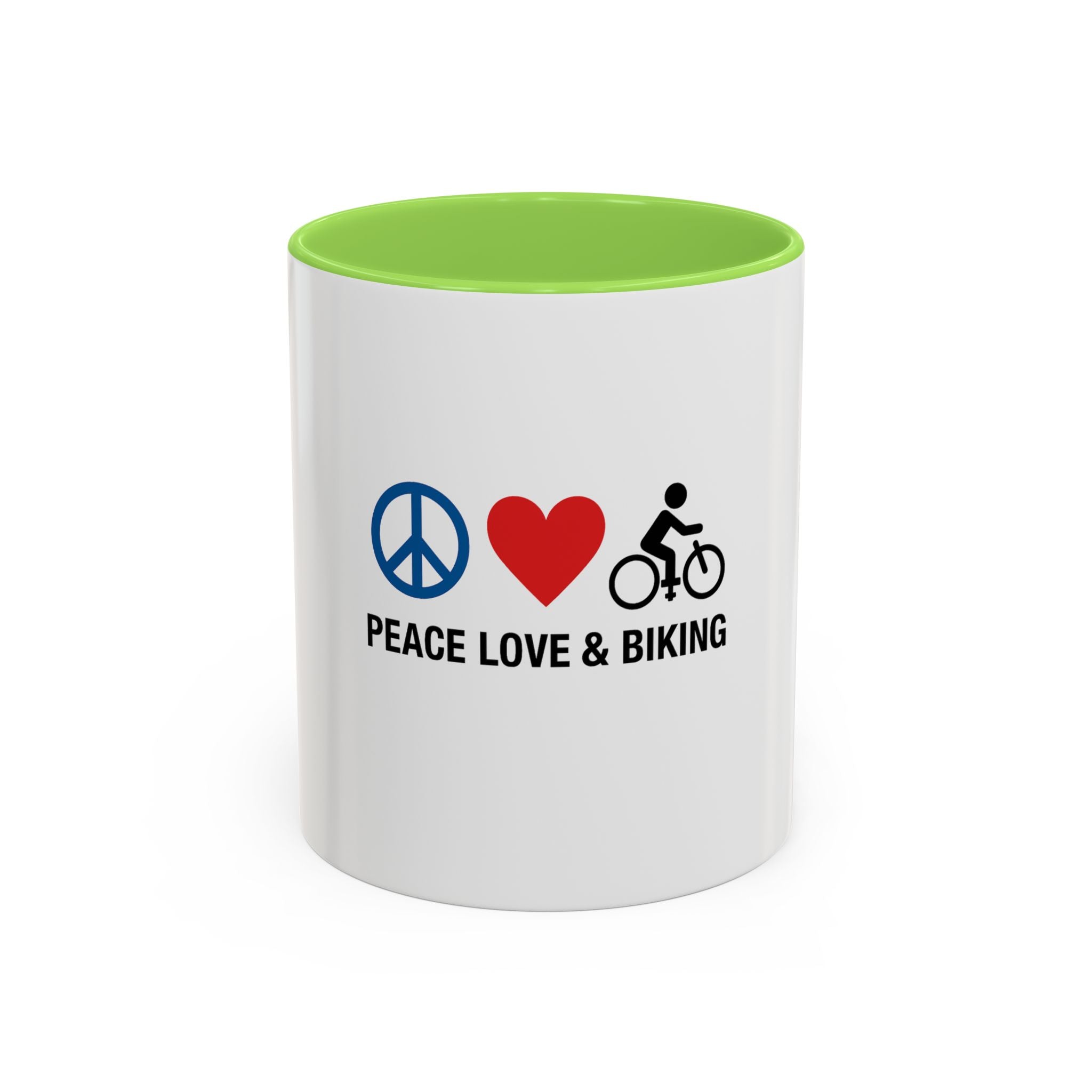 Peace Love Biking Mug - Colorful 11oz & 15oz Coffee Cup