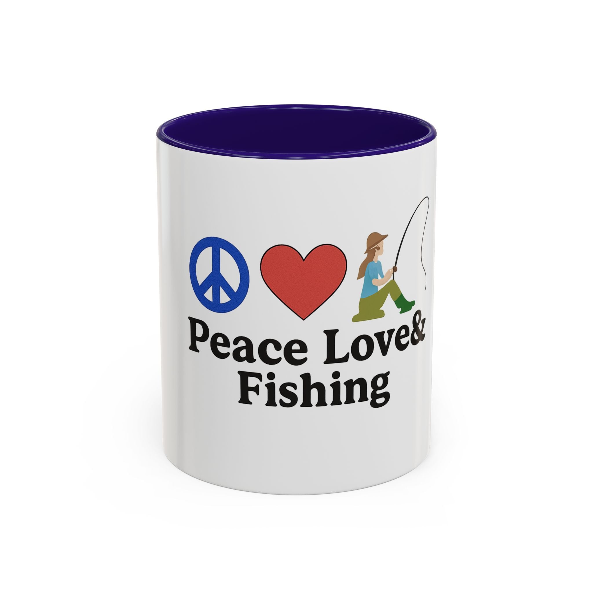 Peace, Love & Fishing Mug - Colorful Ceramic Coffee Cup for Anglers