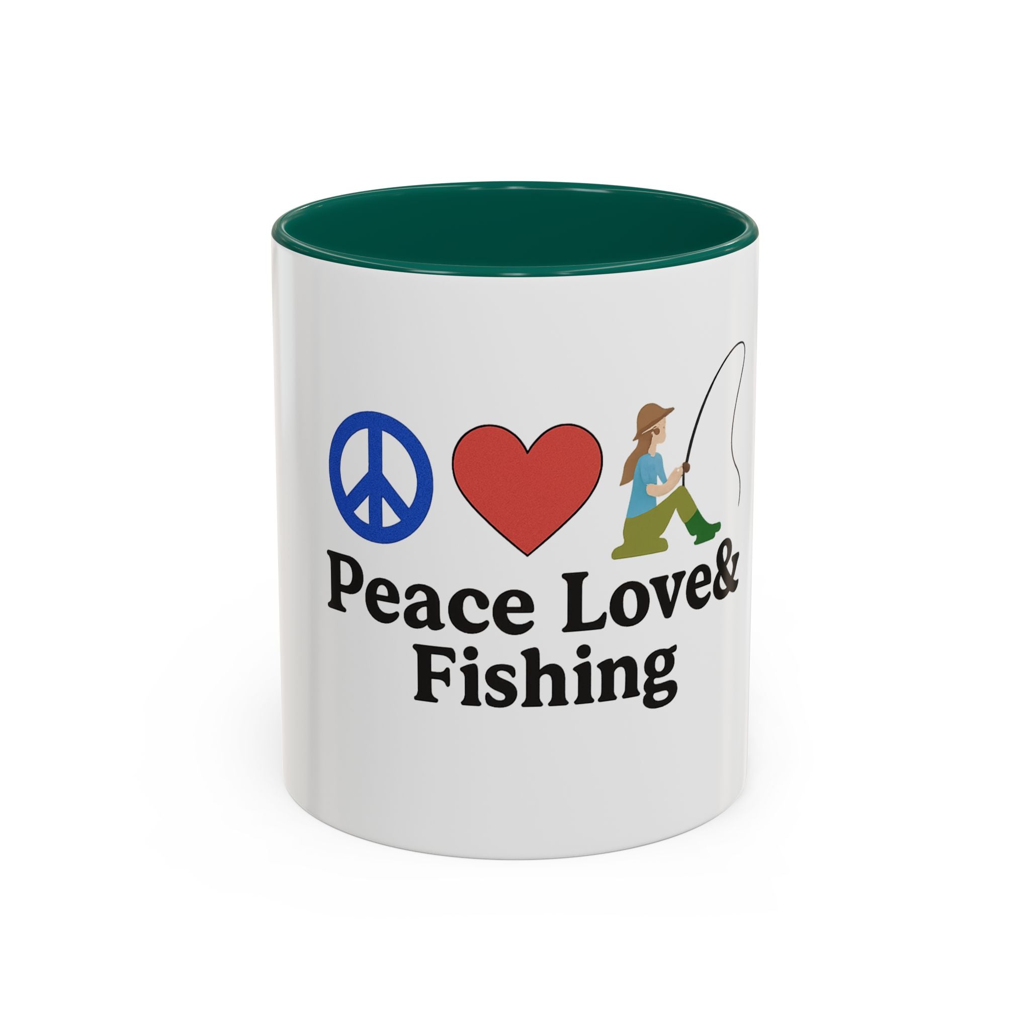Peace, Love & Fishing Mug - Colorful Ceramic Coffee Cup for Anglers