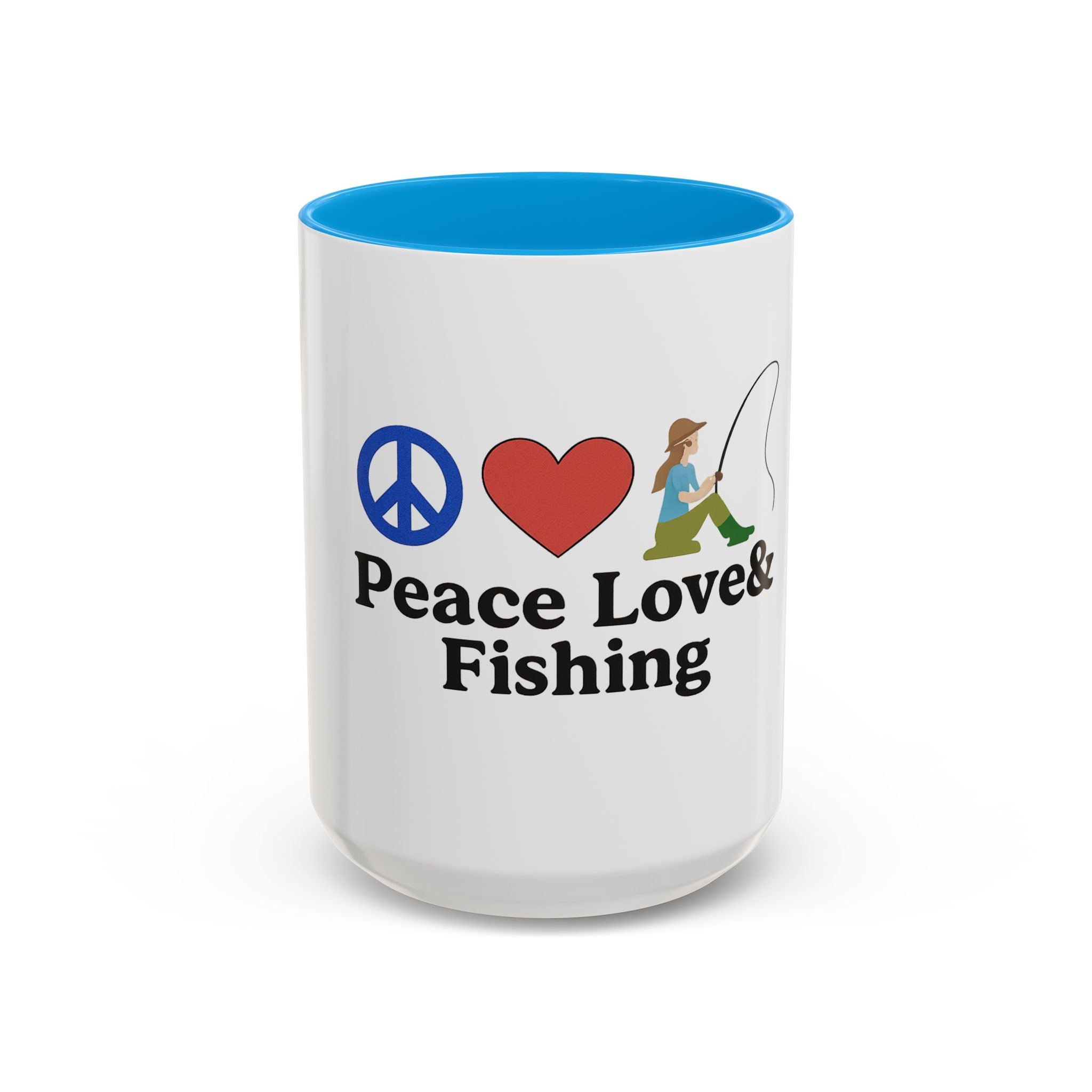 Peace, Love & Fishing Mug - Colorful Ceramic Coffee Cup for Anglers