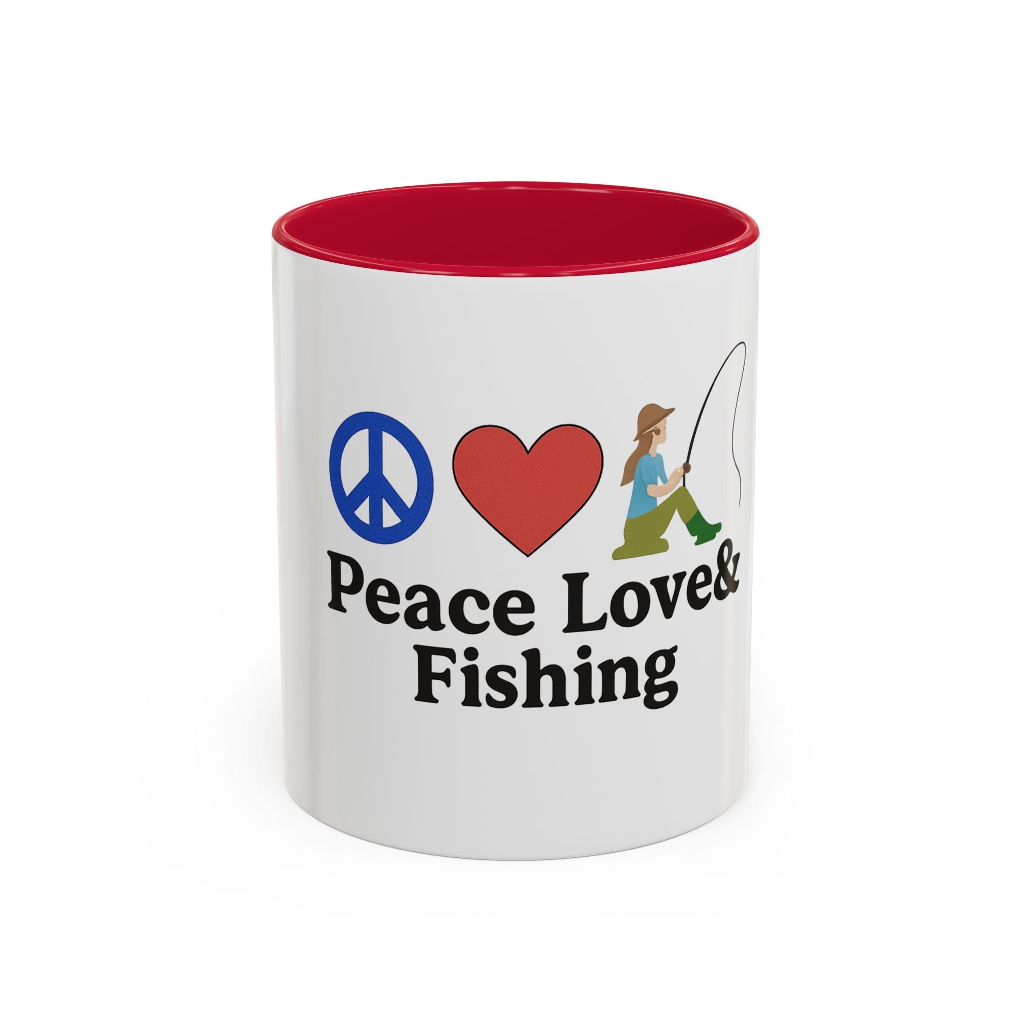 Peace, Love & Fishing Mug - Colorful Ceramic Coffee Cup for Anglers