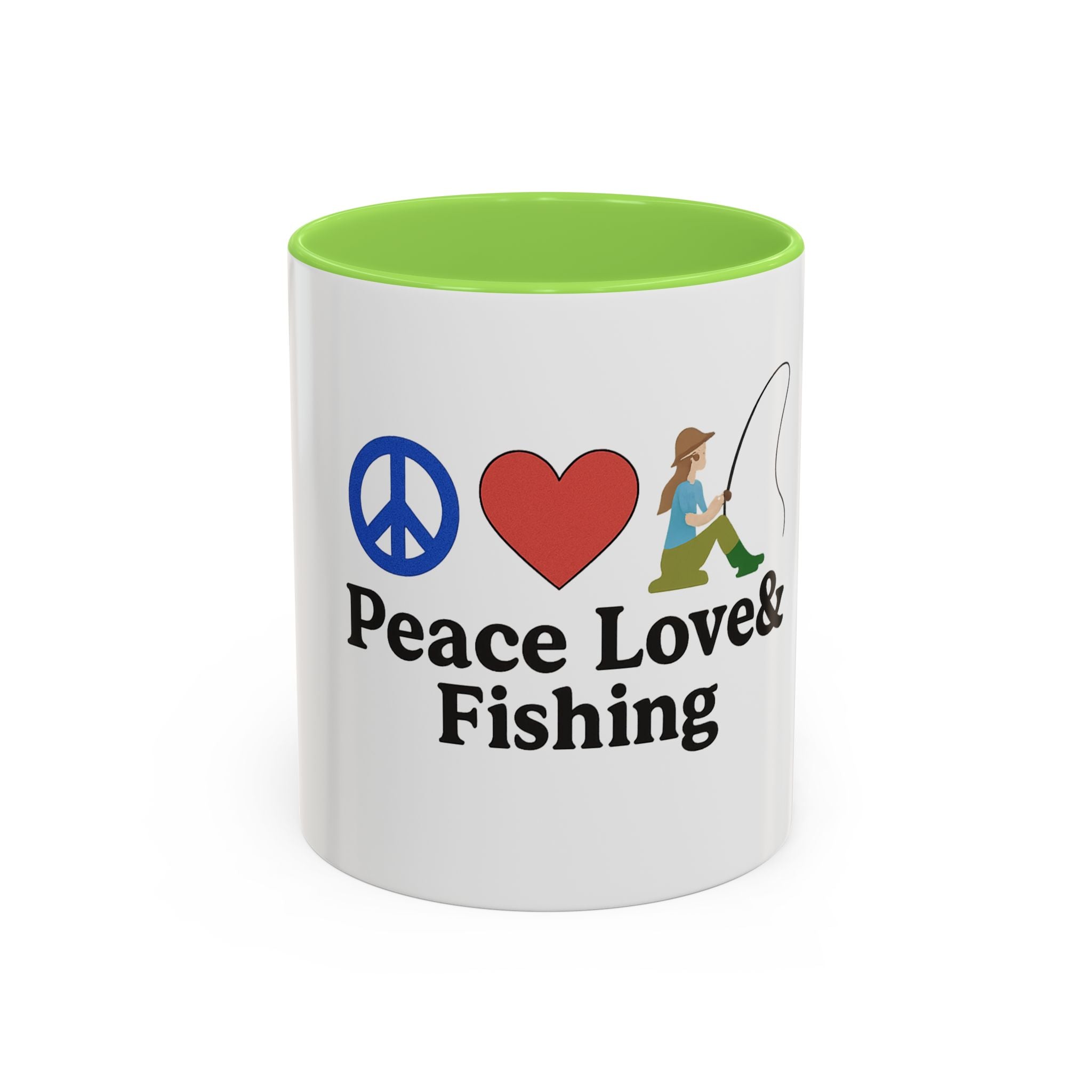 Peace, Love & Fishing Mug - Colorful Ceramic Coffee Cup for Anglers
