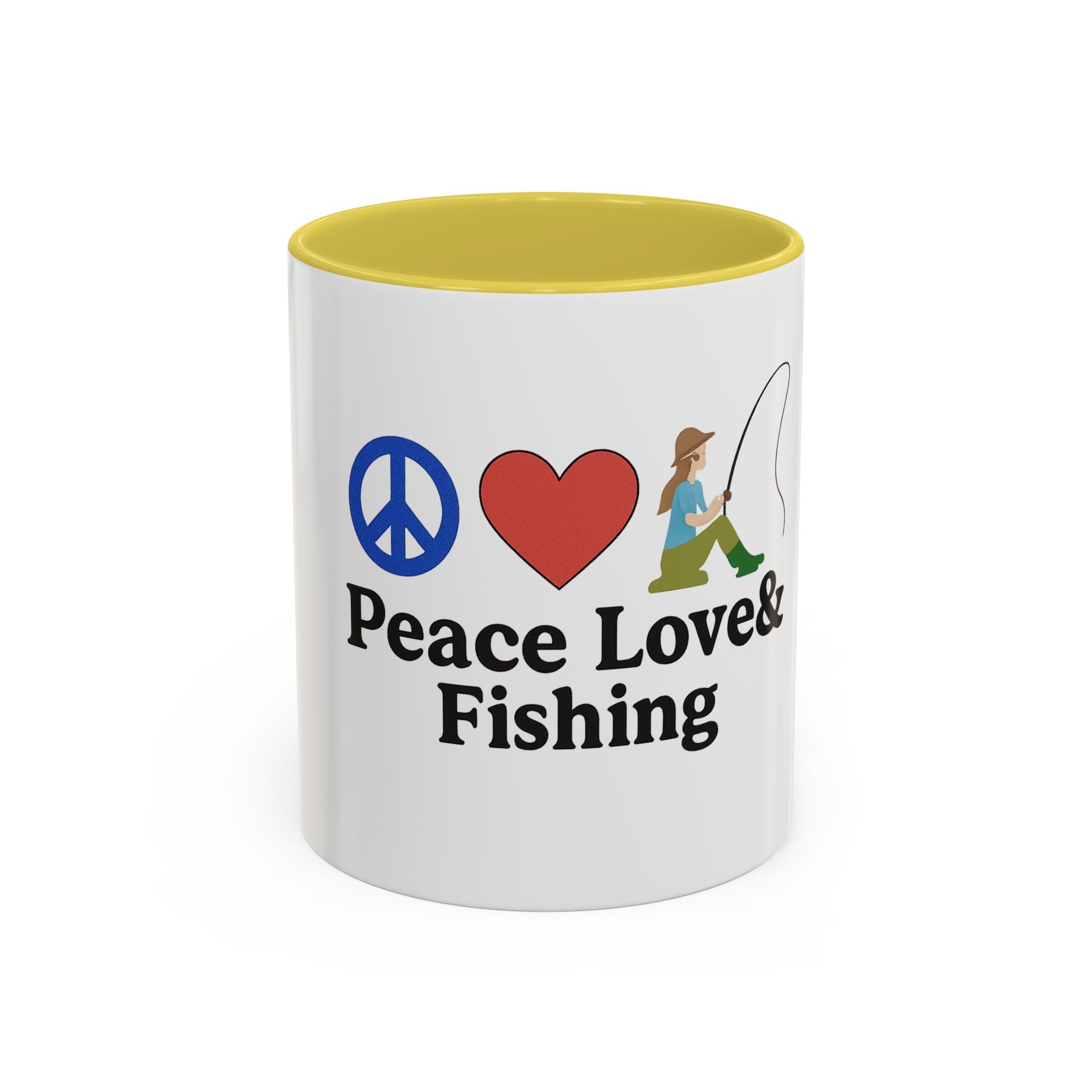 Peace, Love & Fishing Mug - Colorful Ceramic Coffee Cup for Anglers