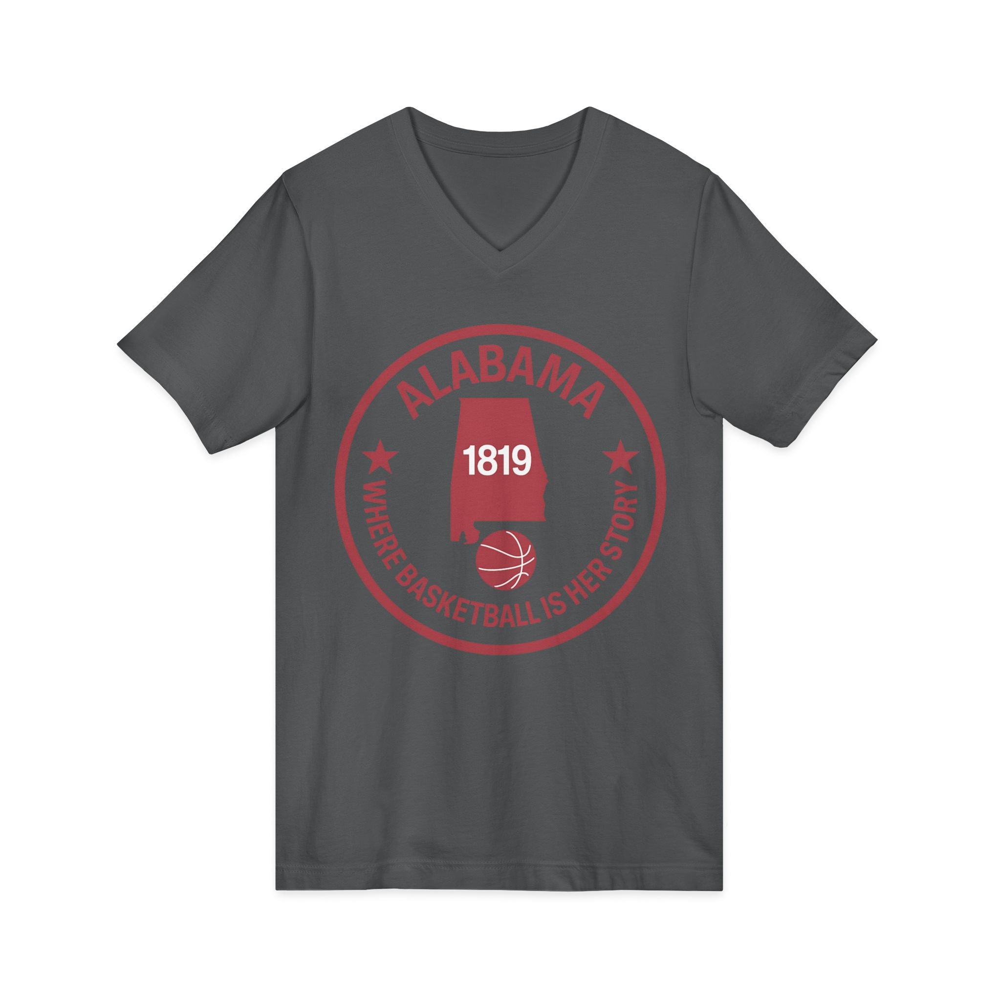 Alabama Basketball V-Neck Tee — "Where Basketball Is Her Story" State Logo