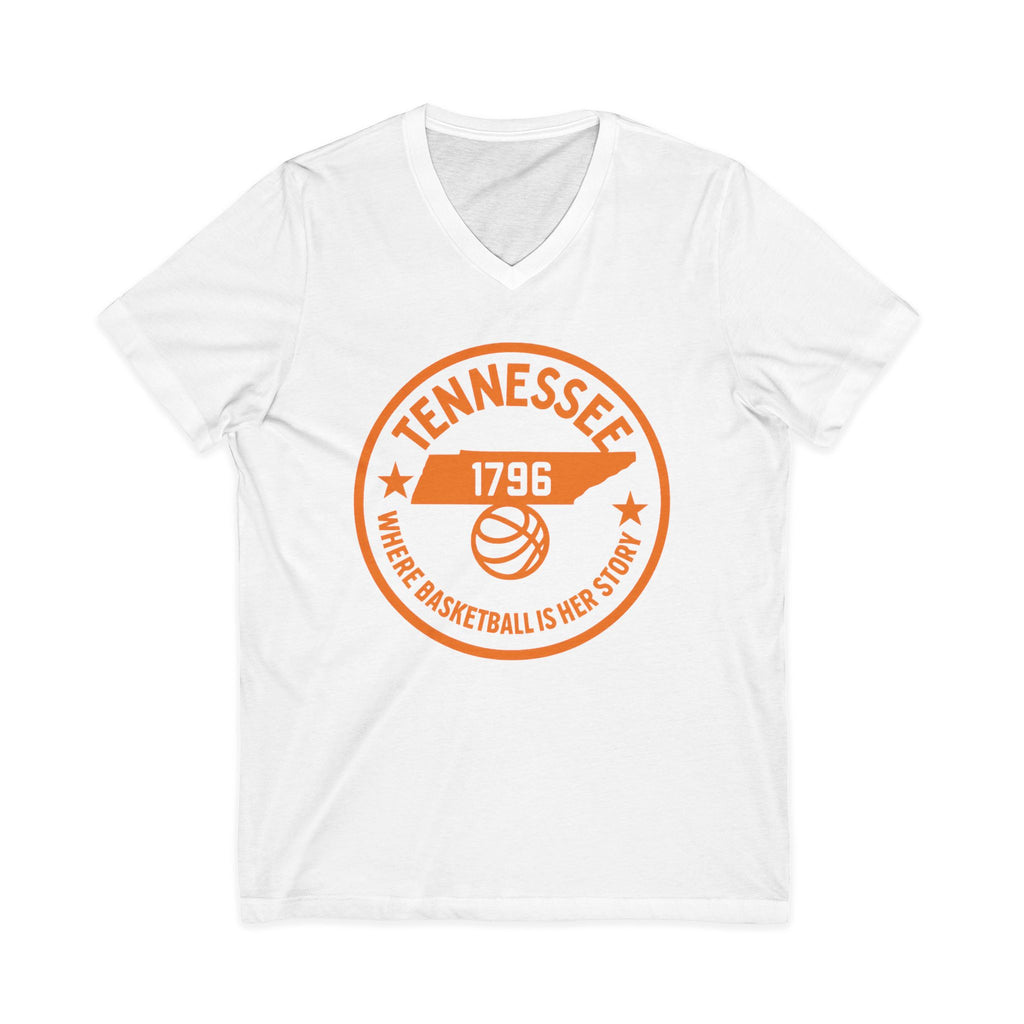 Tennessee Basketball V-Neck Tee — "Where Basketball Is Her Story"