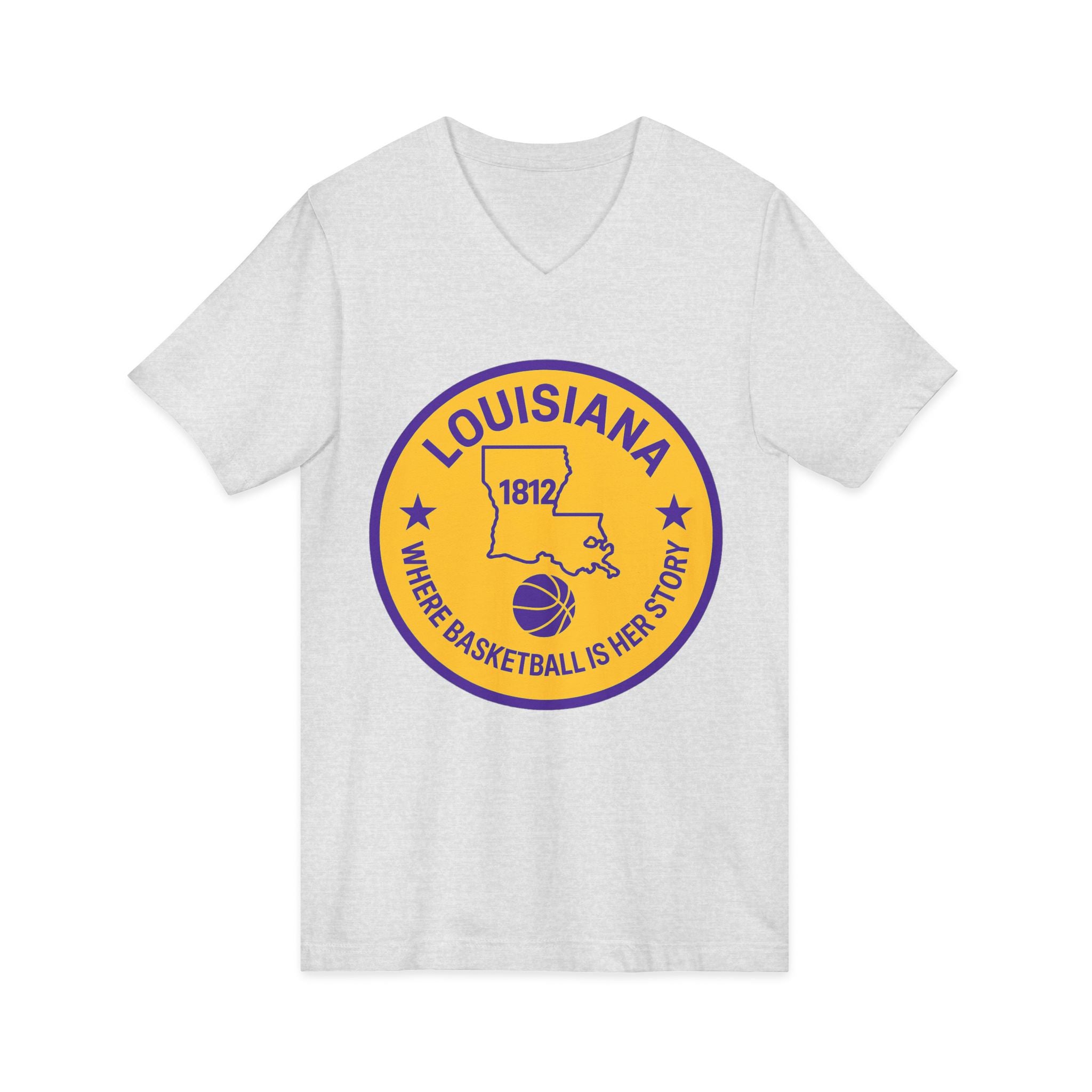 Louisiana Basketball V-Neck Tee — "Where Basketball Is Her Story" State Circle Design