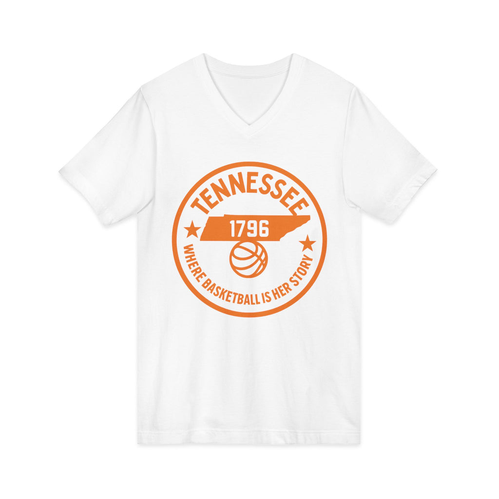Tennessee Basketball V-Neck Tee — "Where Basketball Is Her Story"