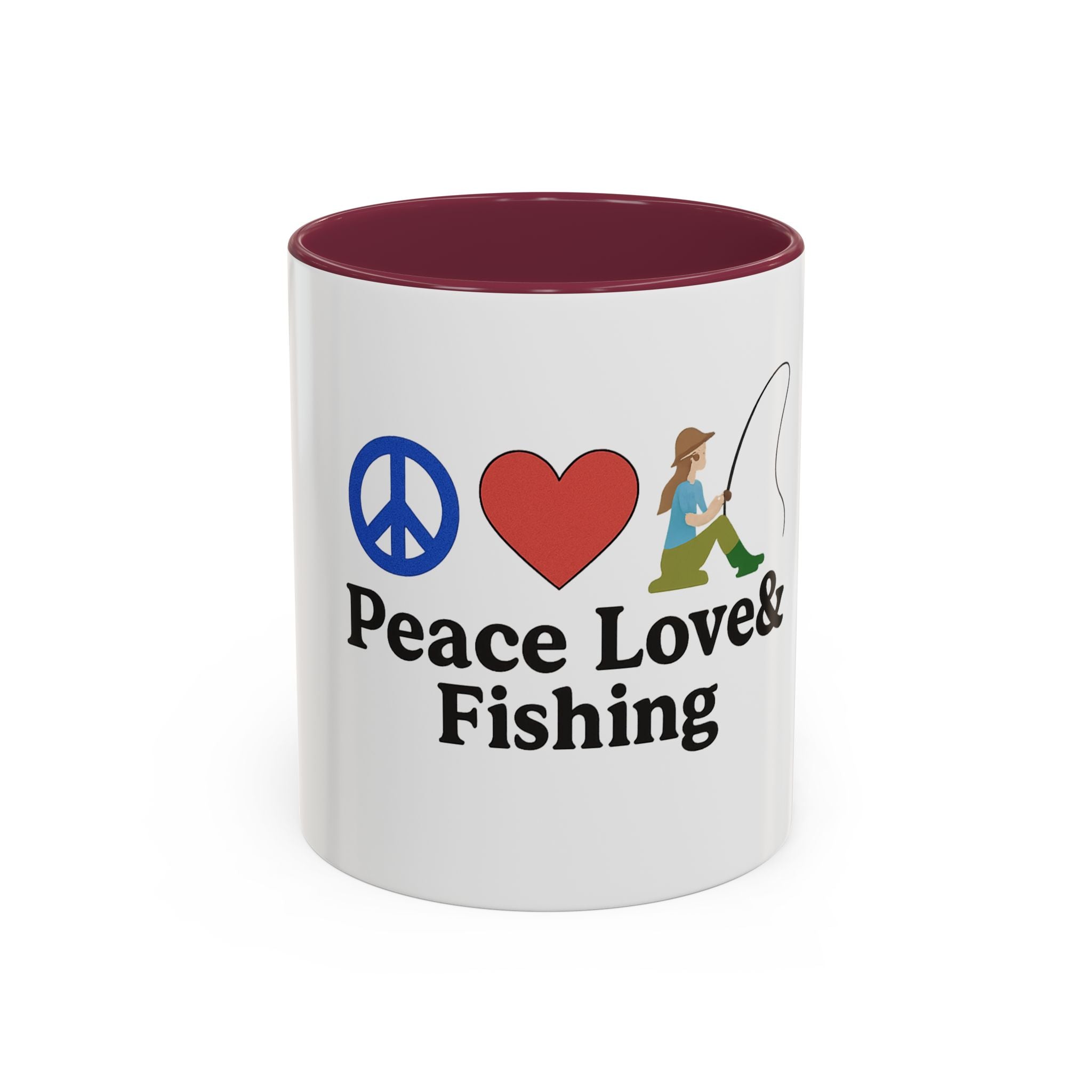 Peace, Love & Fishing Mug - Colorful Ceramic Coffee Cup for Anglers