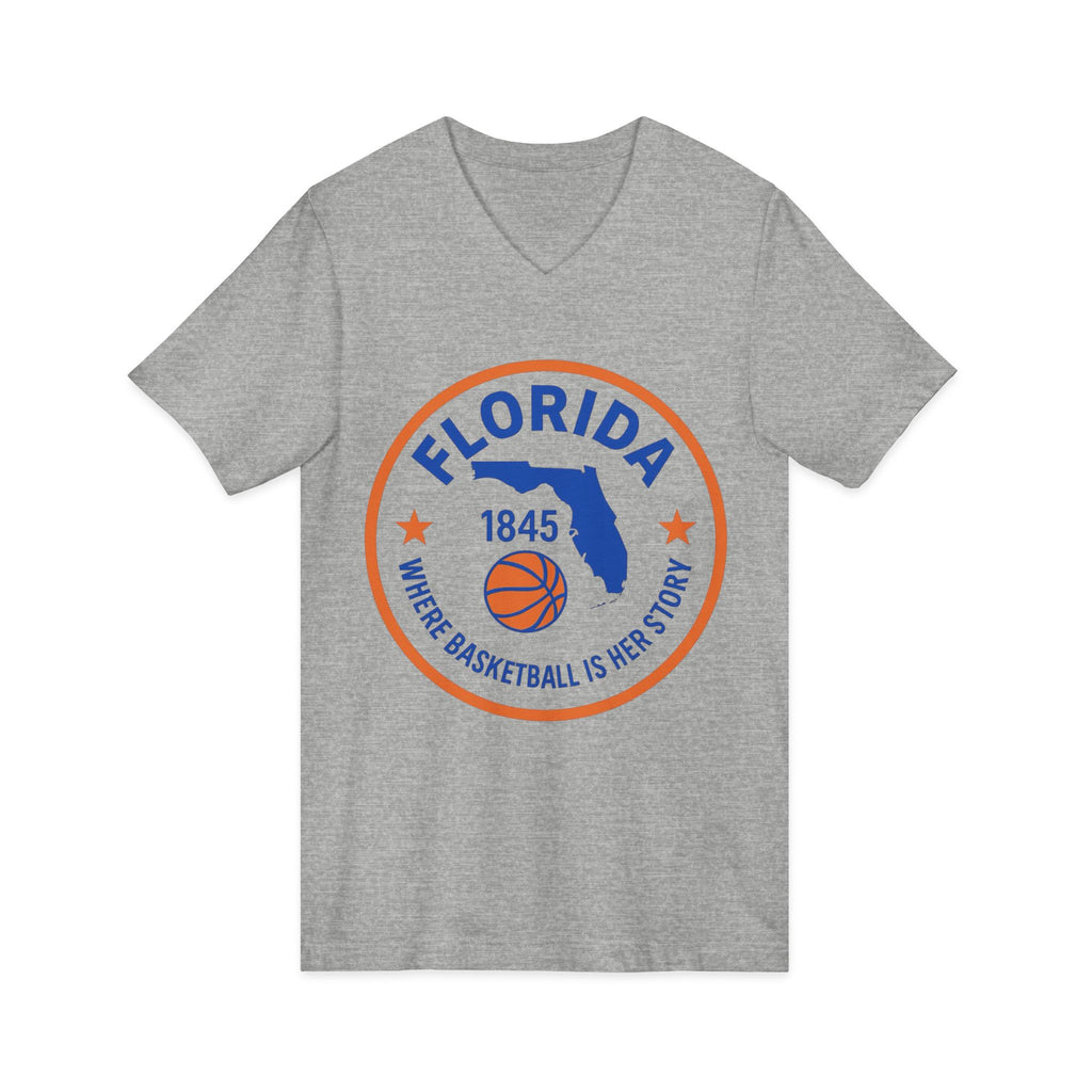 Florida Basketball V‑Neck Tee — "Where Basketball Is Her Story"