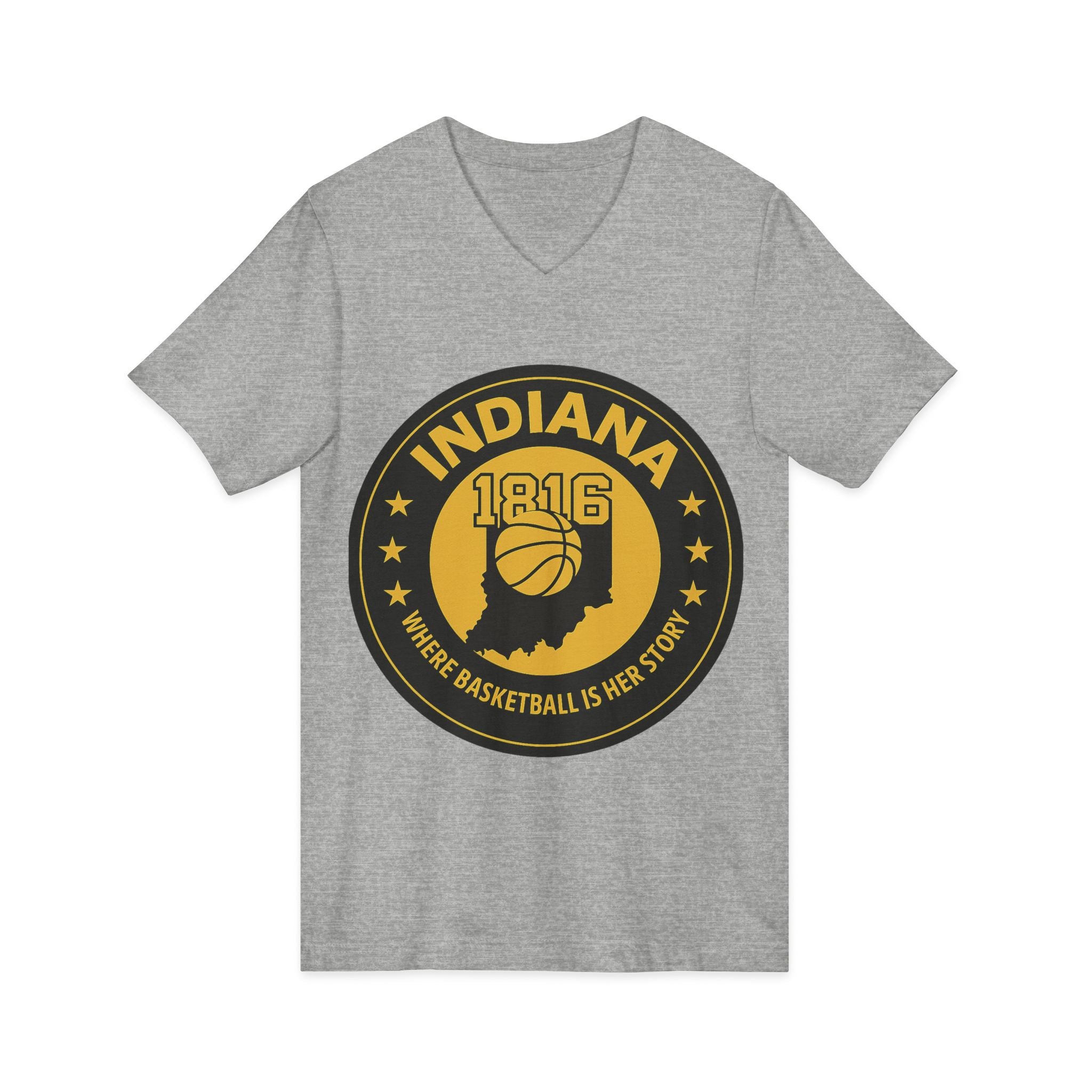 Indiana 1816 Basketball State Tee — "Where Basketball Is Her Story" V‑Neck