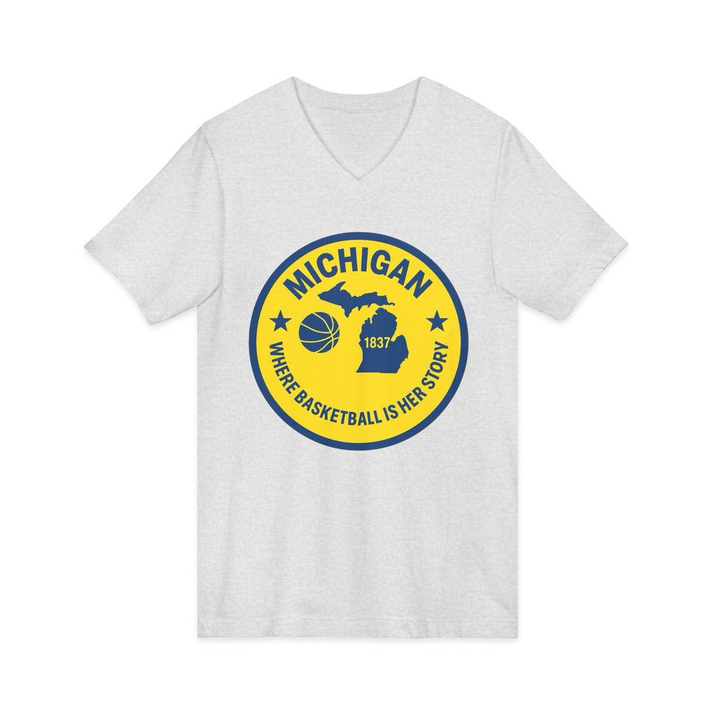 Michigan Basketball V-Neck Tee — 'Where Basketball Is Her Story' State Badge