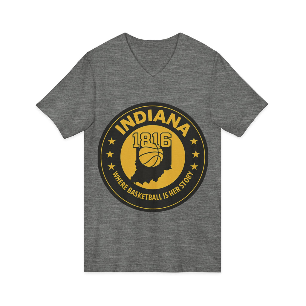 Indiana 1816 Basketball State Tee — "Where Basketball Is Her Story" V‑Neck