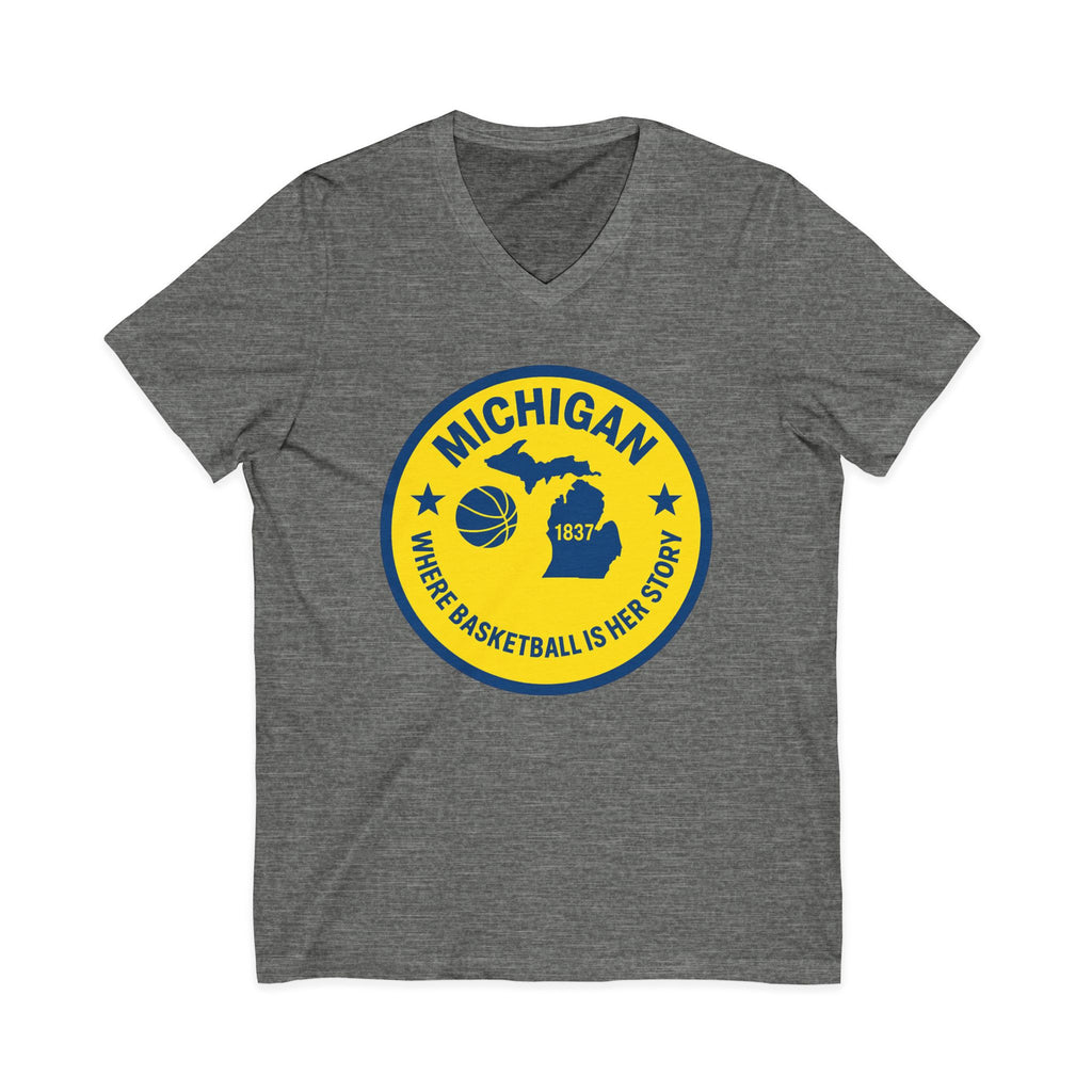 Michigan Basketball V-Neck Tee — 'Where Basketball Is Her Story' State Badge