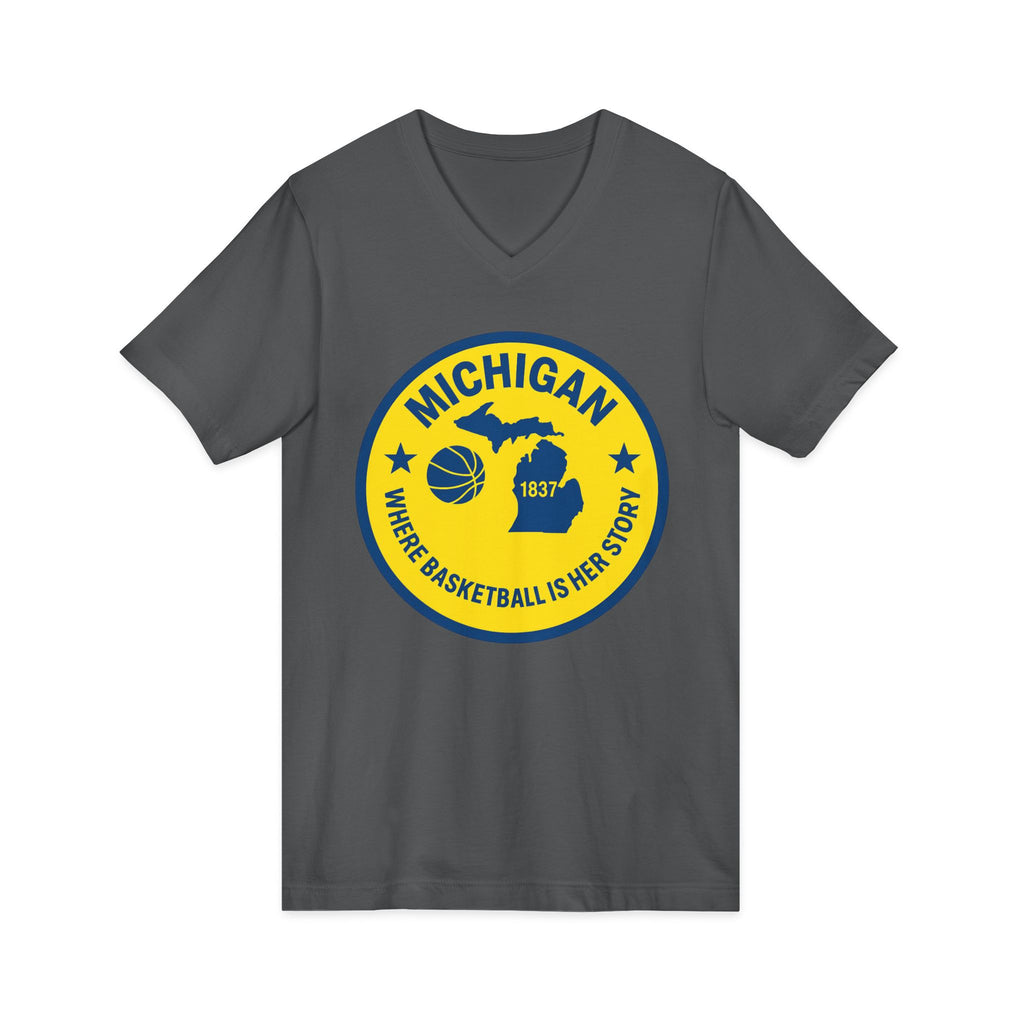 Michigan Basketball V-Neck Tee — 'Where Basketball Is Her Story' State Badge