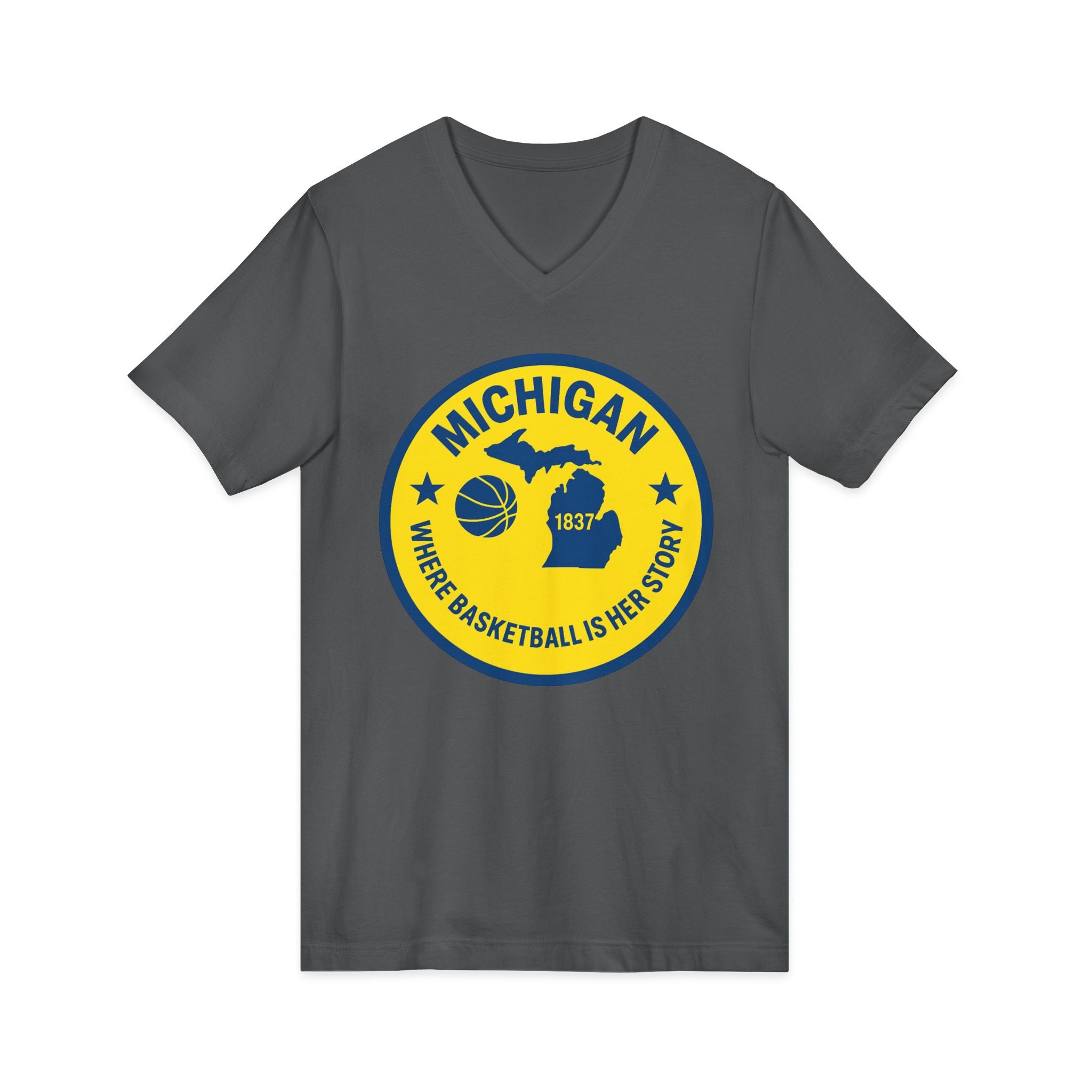 Michigan Basketball V-Neck Tee — 'Where Basketball Is Her Story' State Badge