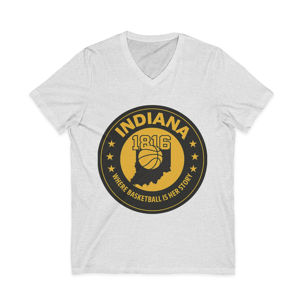 Indiana 1816 Basketball State Tee — "Where Basketball Is Her Story" V‑Neck