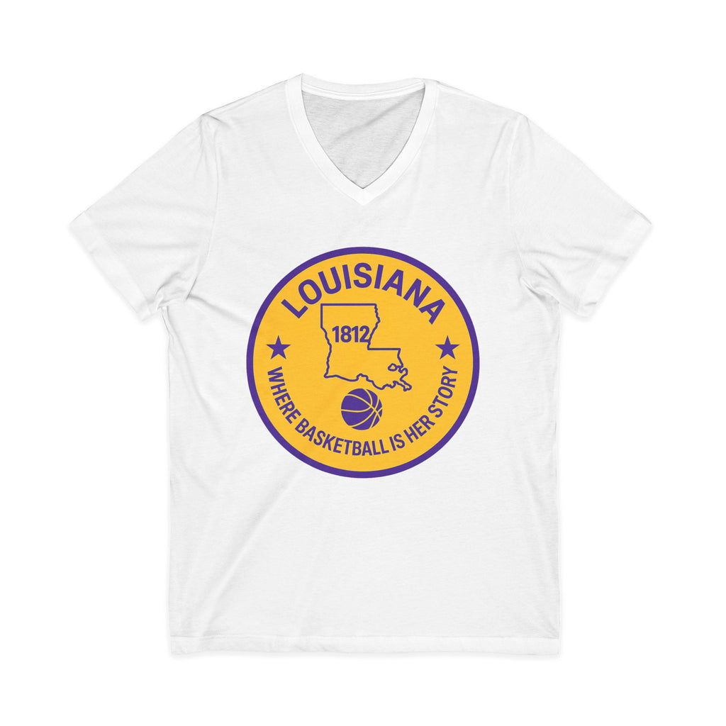 Louisiana Basketball V-Neck Tee — "Where Basketball Is Her Story" State Circle Design