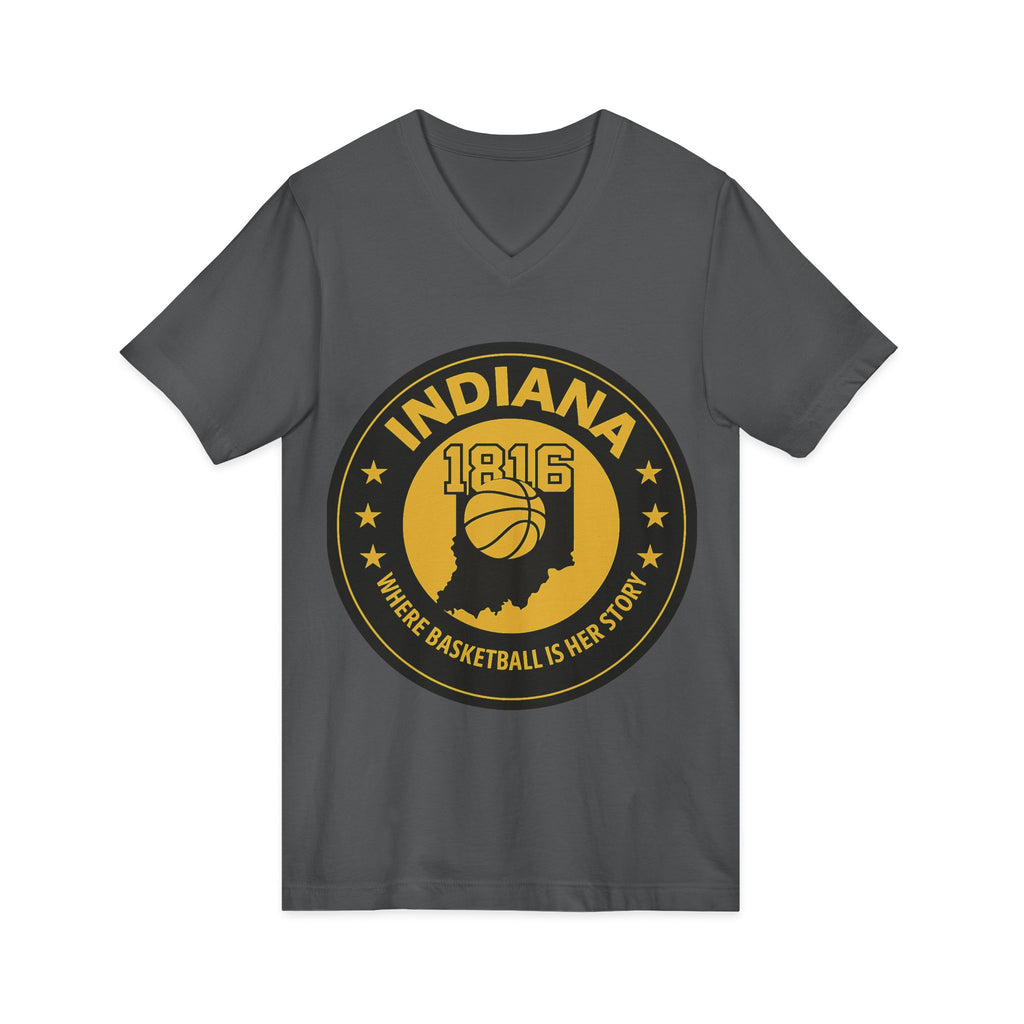 Indiana 1816 Basketball State Tee — "Where Basketball Is Her Story" V‑Neck