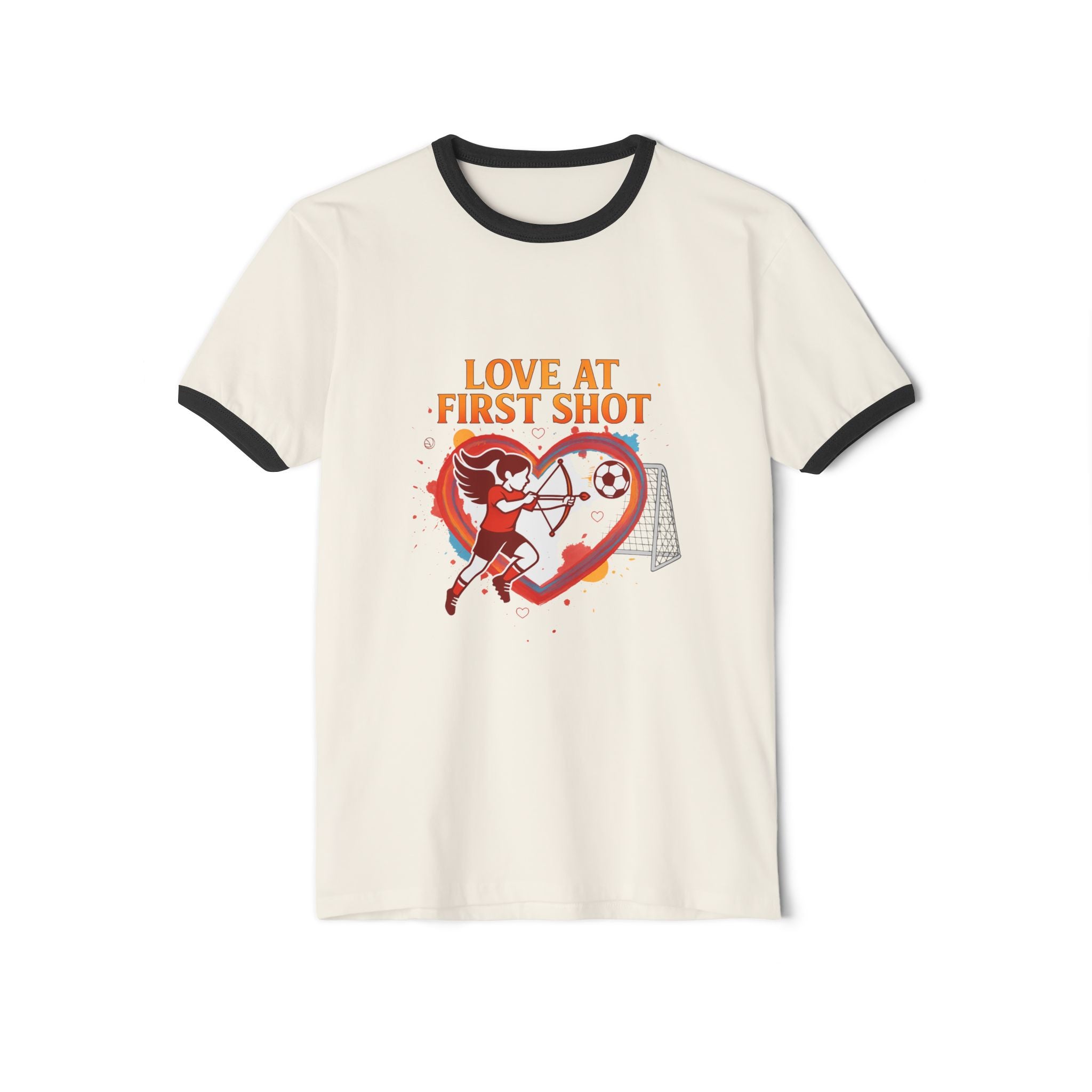 Soccer Love Ringer Tee — "Love at First Shot" Graphic T-Shirt