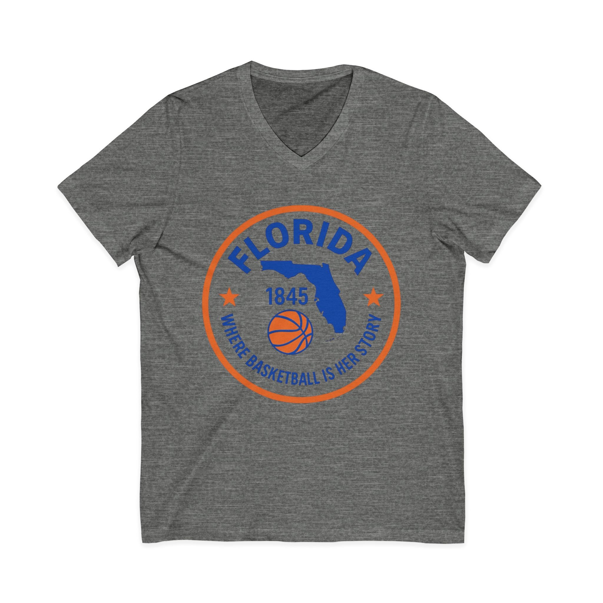 Florida Basketball V‑Neck Tee — "Where Basketball Is Her Story"