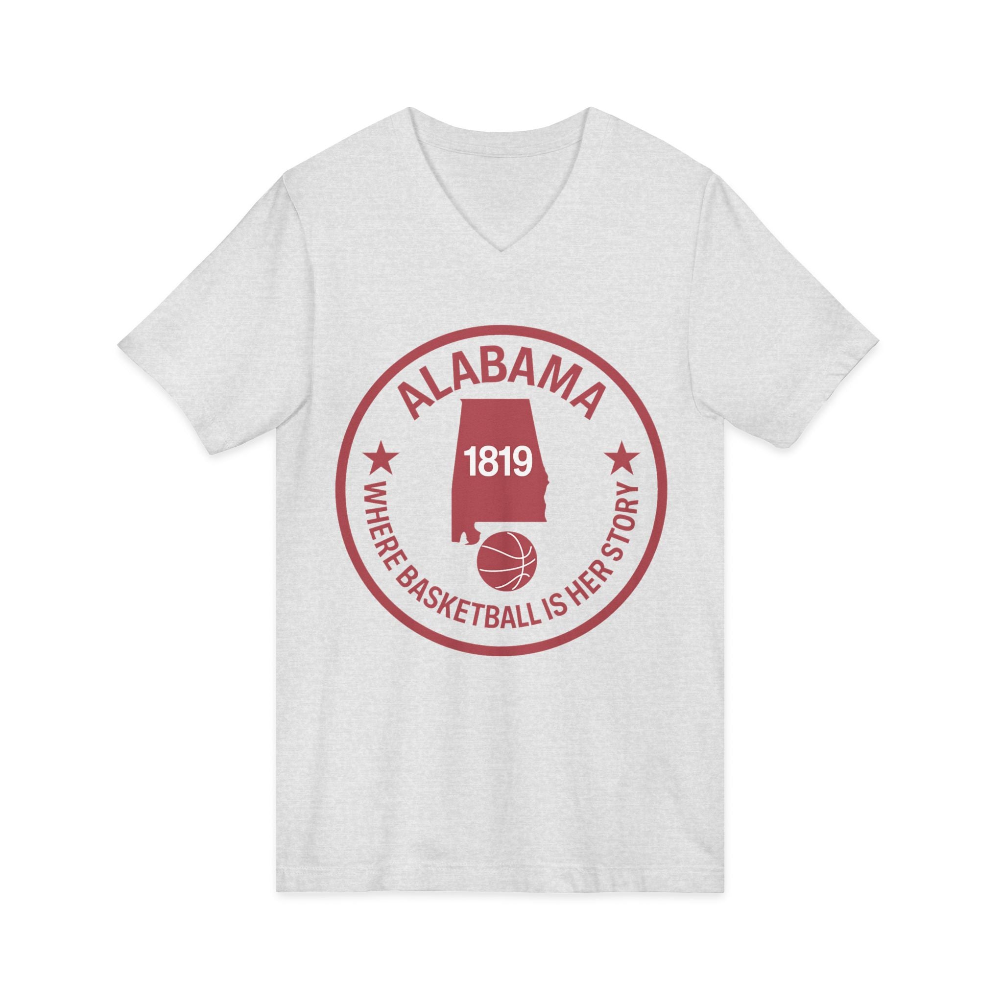 Alabama Basketball V-Neck Tee — "Where Basketball Is Her Story" State Logo