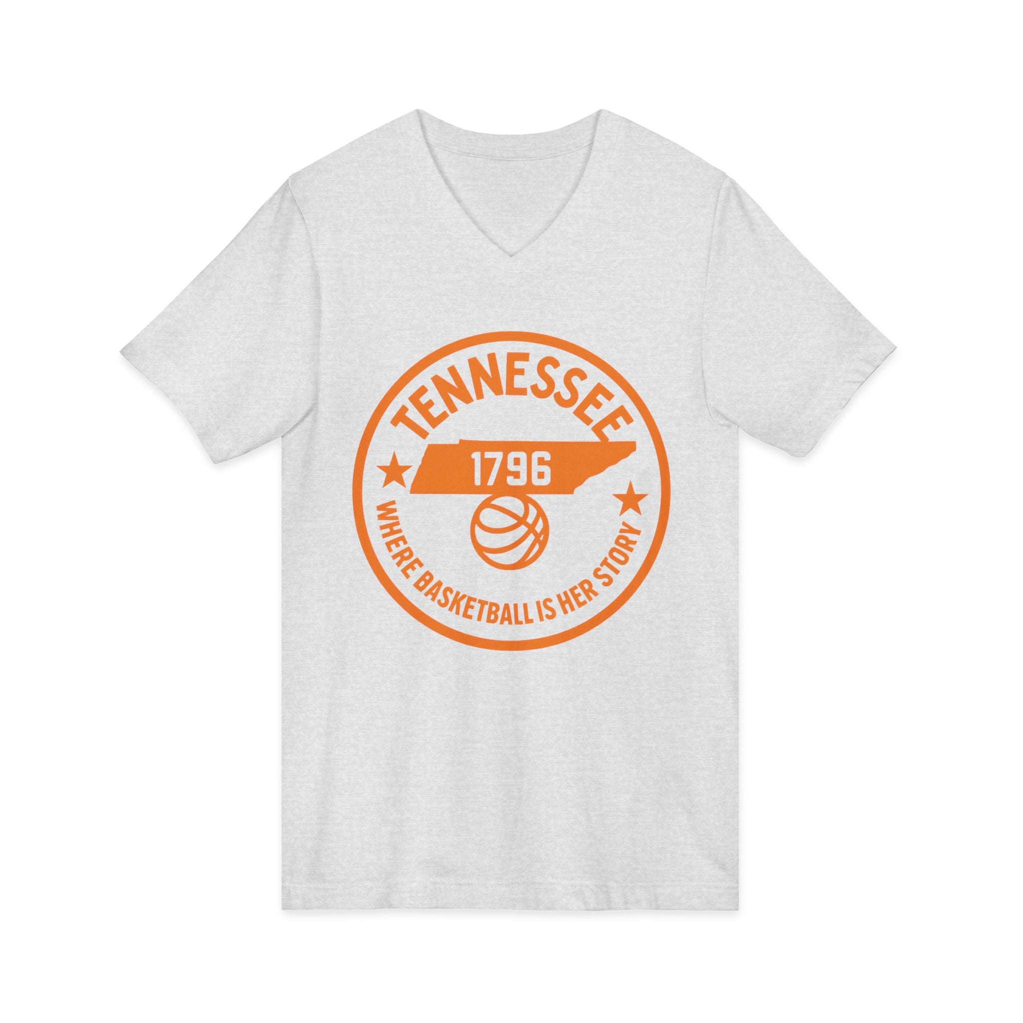 Tennessee Basketball V-Neck Tee — "Where Basketball Is Her Story"