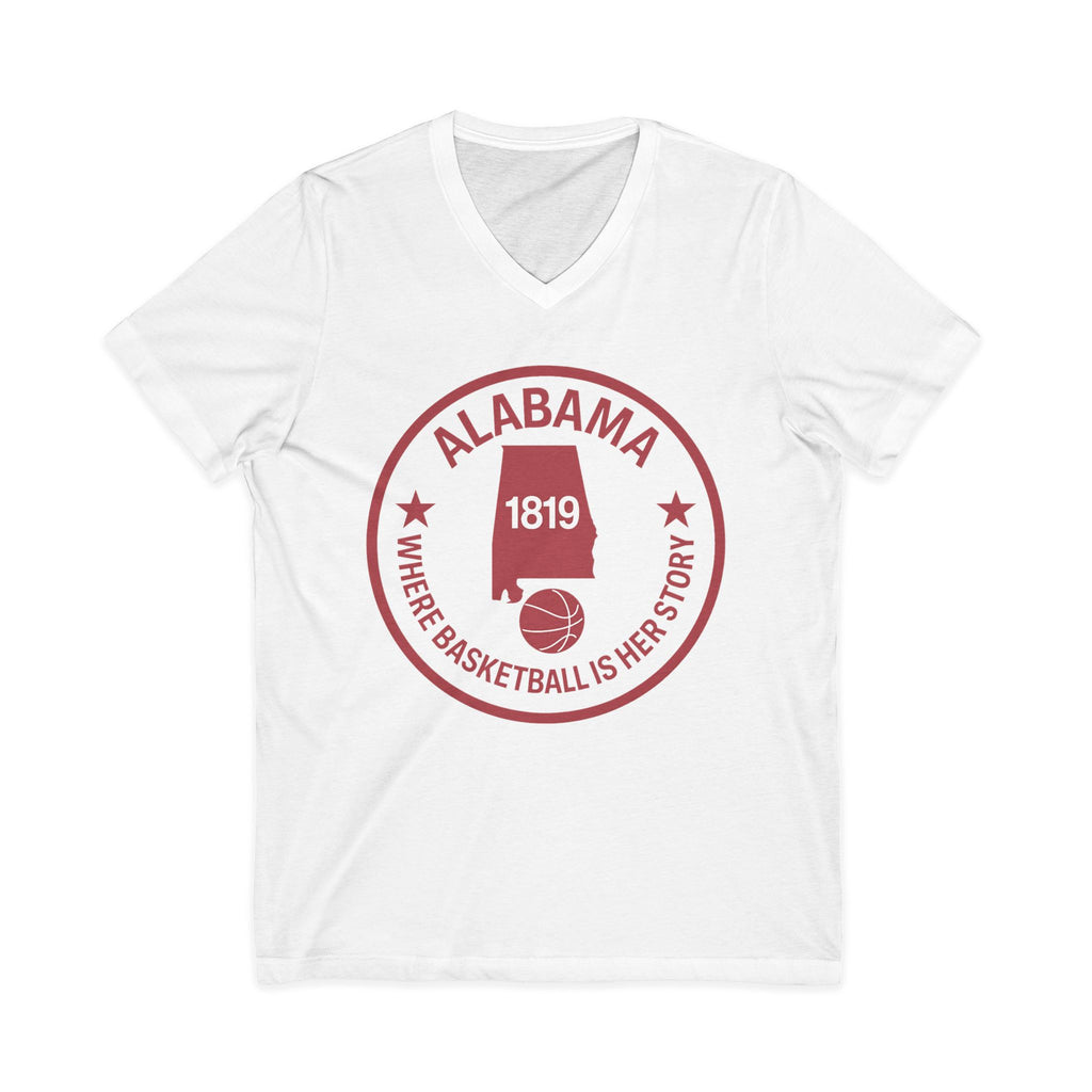 Alabama Basketball V-Neck Tee — "Where Basketball Is Her Story" State Logo