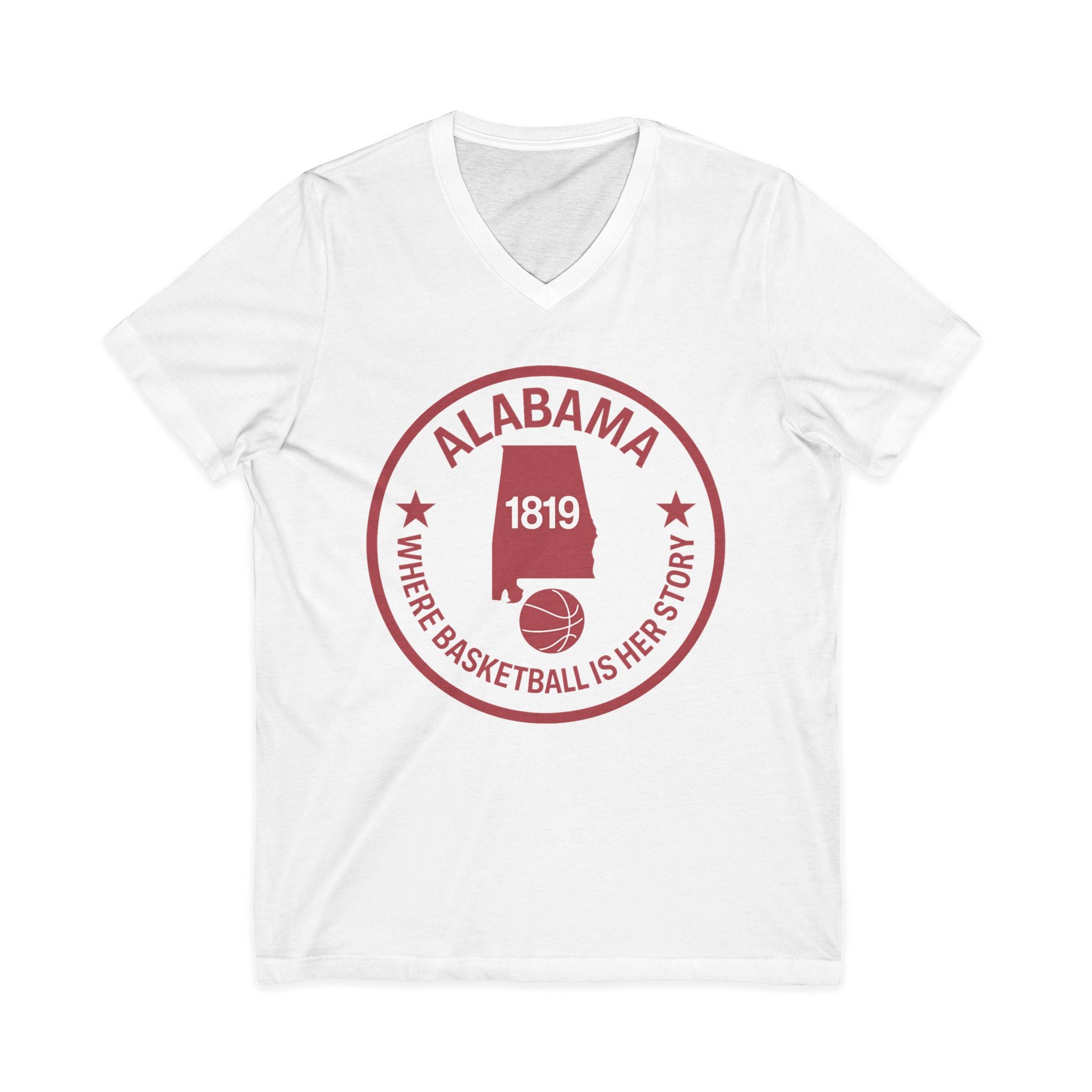 Alabama Basketball V-Neck Tee — "Where Basketball Is Her Story" State Logo
