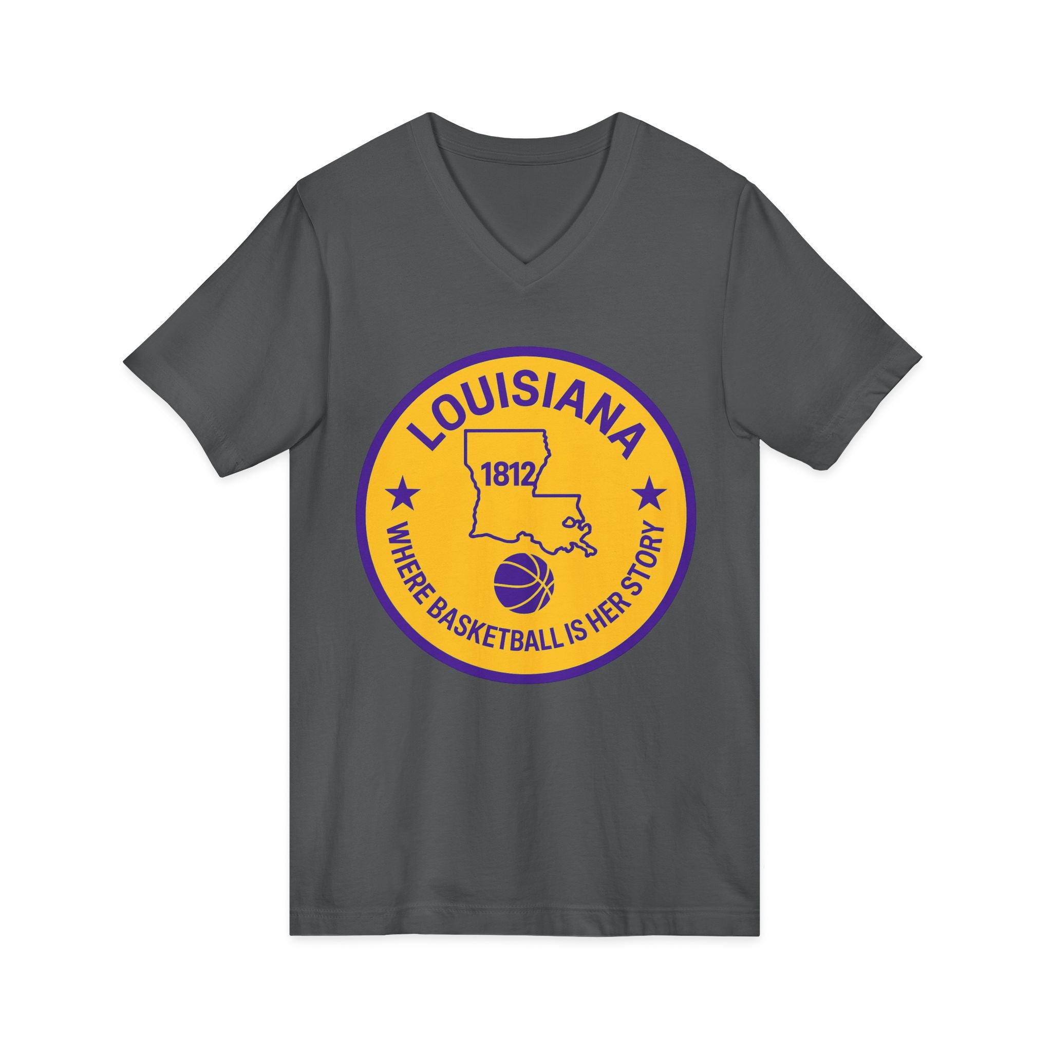 Louisiana Basketball V-Neck Tee — "Where Basketball Is Her Story" State Circle Design