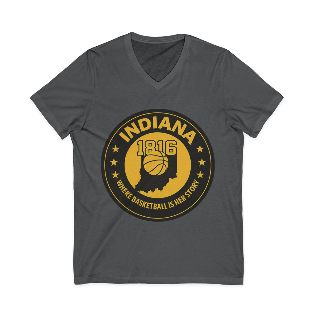 Indiana 1816 Basketball State Tee — "Where Basketball Is Her Story" V‑Neck