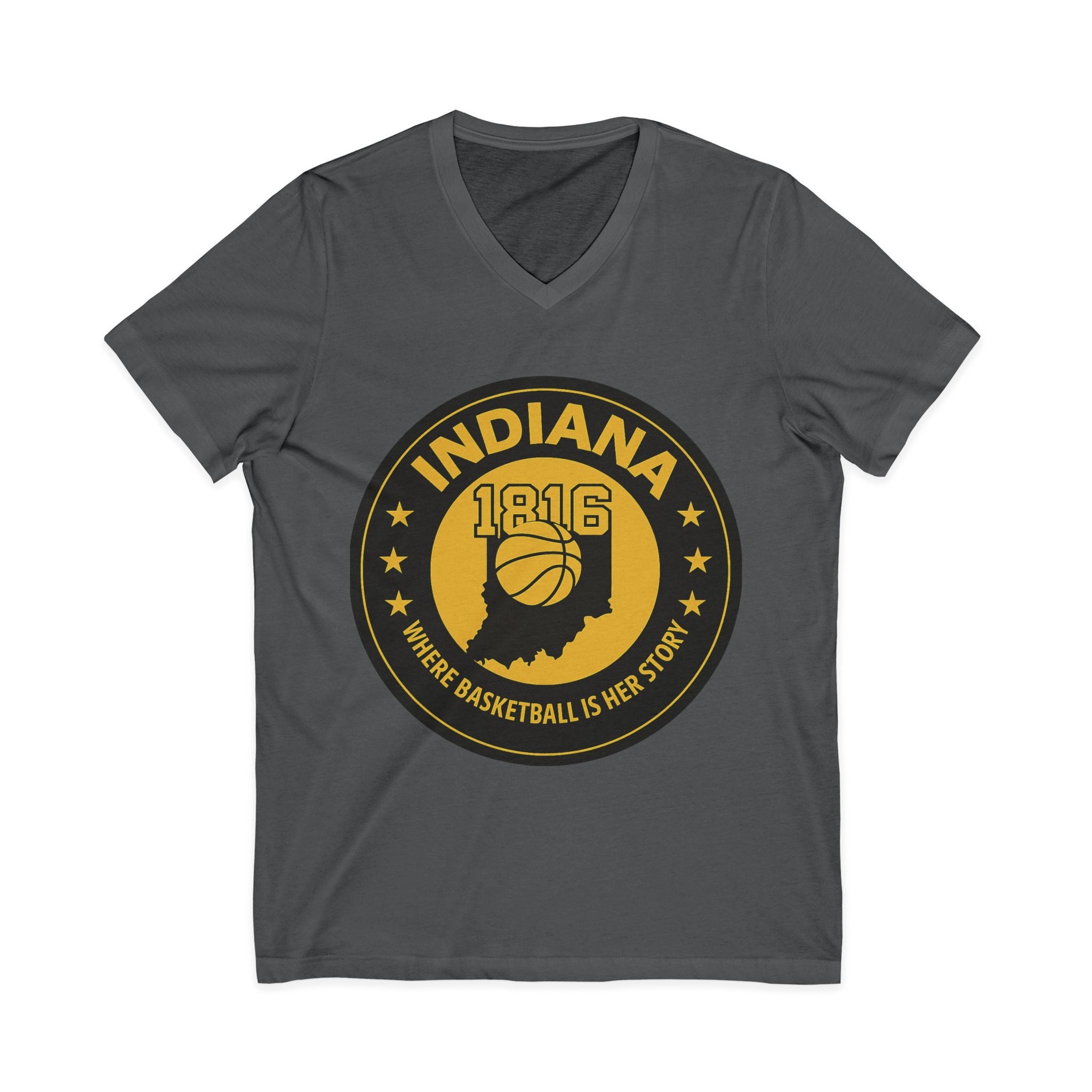 Indiana 1816 Basketball State Tee — "Where Basketball Is Her Story" V‑Neck