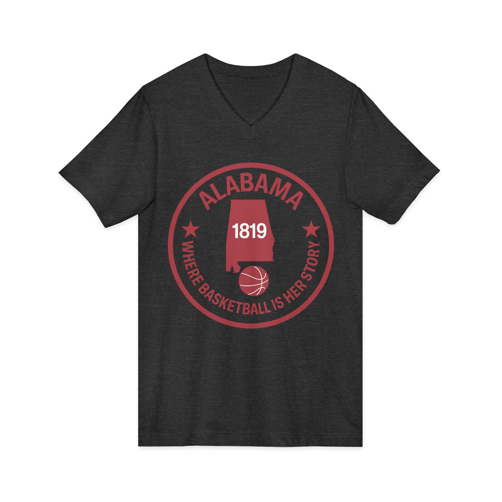 Alabama Basketball V-Neck Tee — "Where Basketball Is Her Story" State Logo