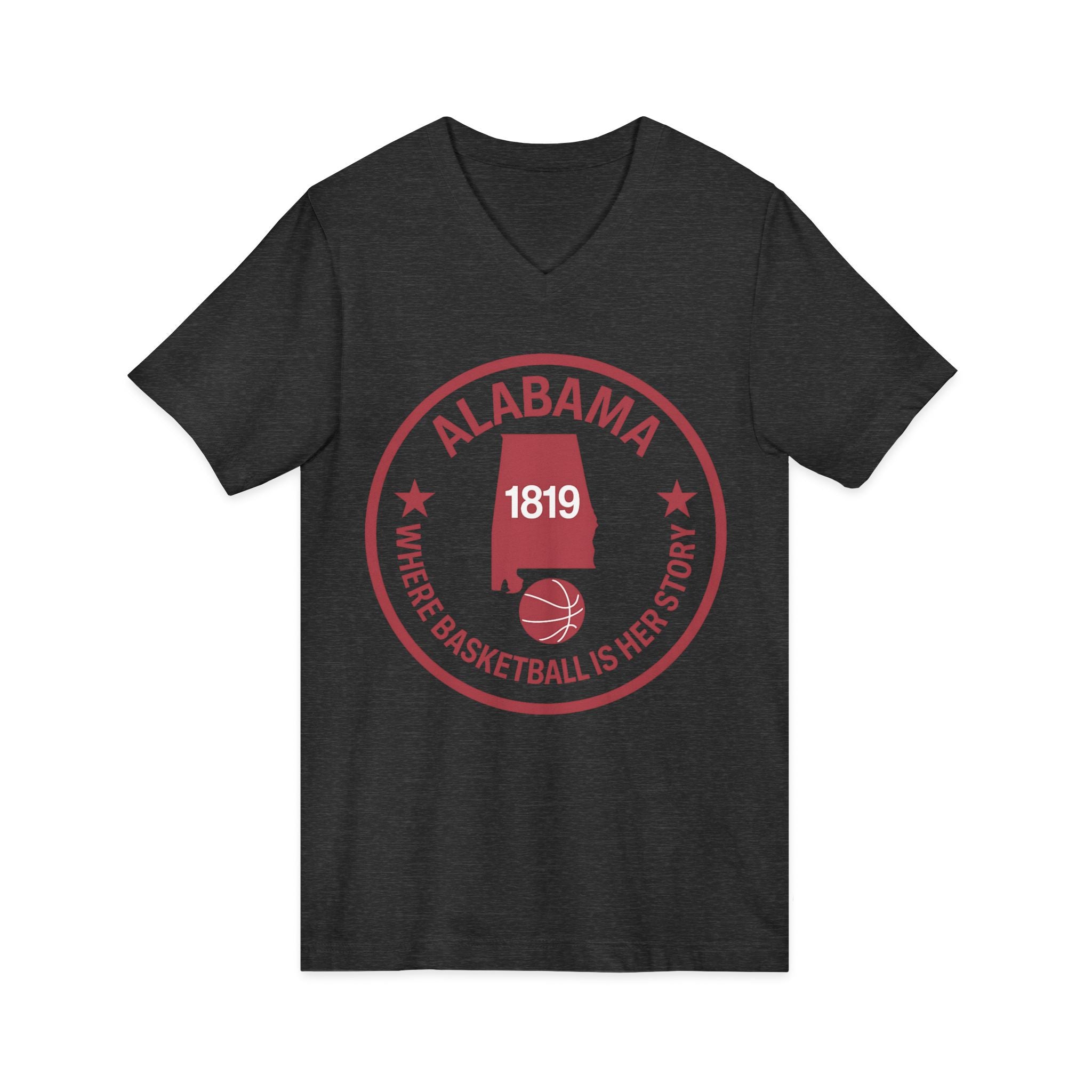 Alabama Basketball V-Neck Tee — "Where Basketball Is Her Story" State Logo