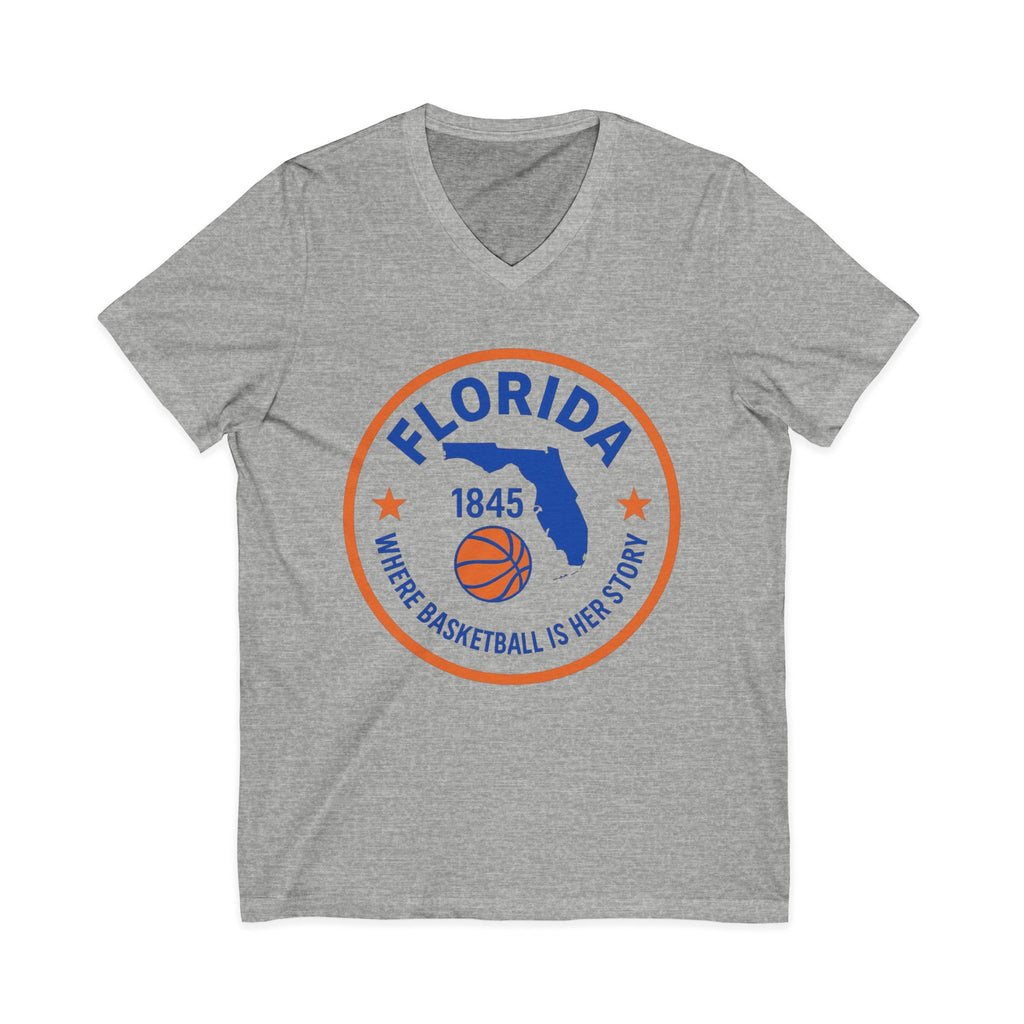 Florida Basketball V‑Neck Tee — "Where Basketball Is Her Story"