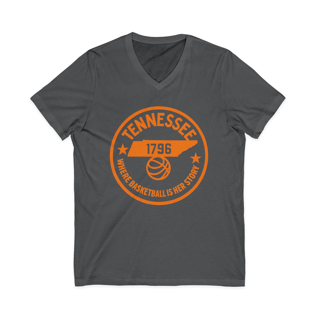Tennessee Basketball V-Neck Tee — "Where Basketball Is Her Story"