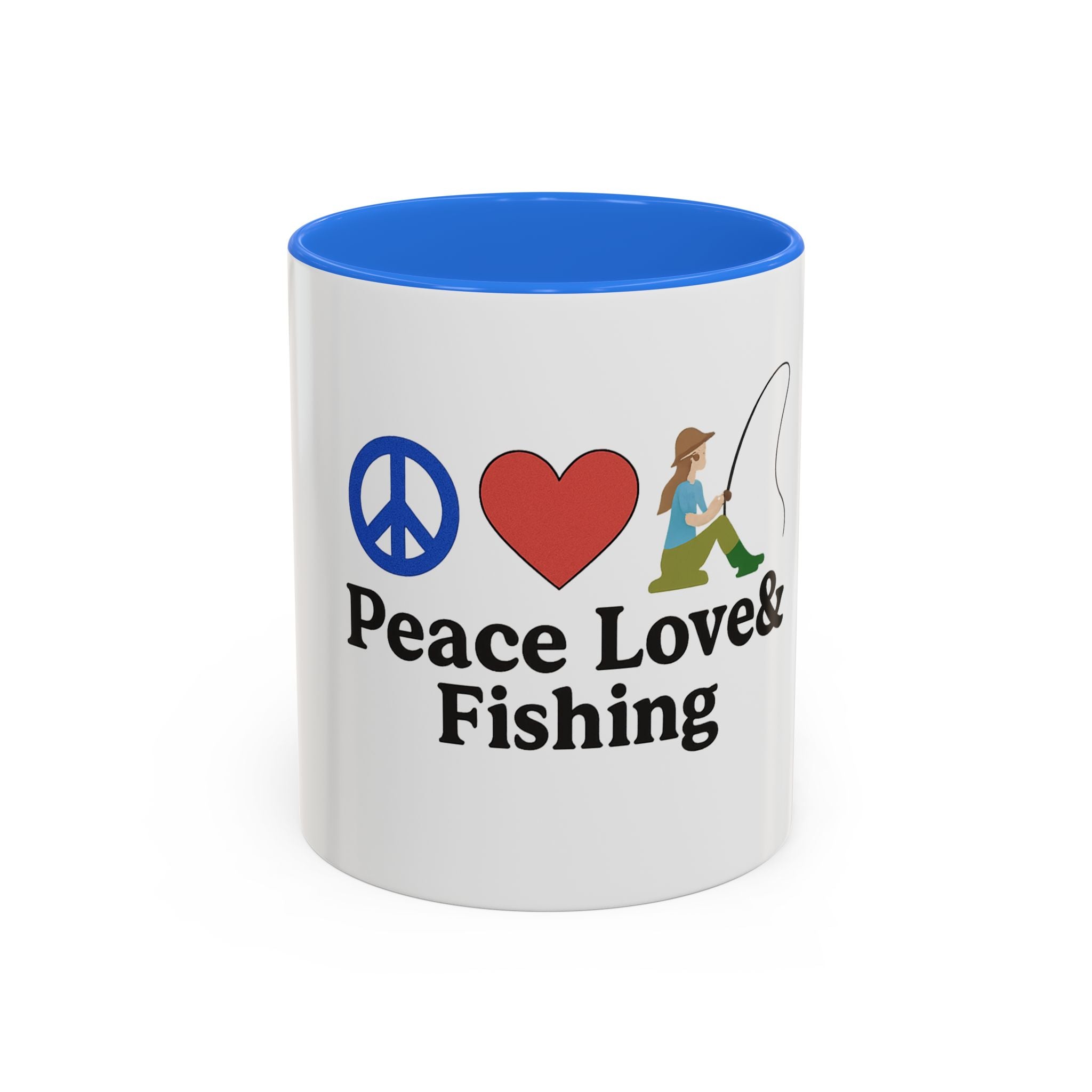 Peace, Love & Fishing Mug - Colorful Ceramic Coffee Cup for Anglers