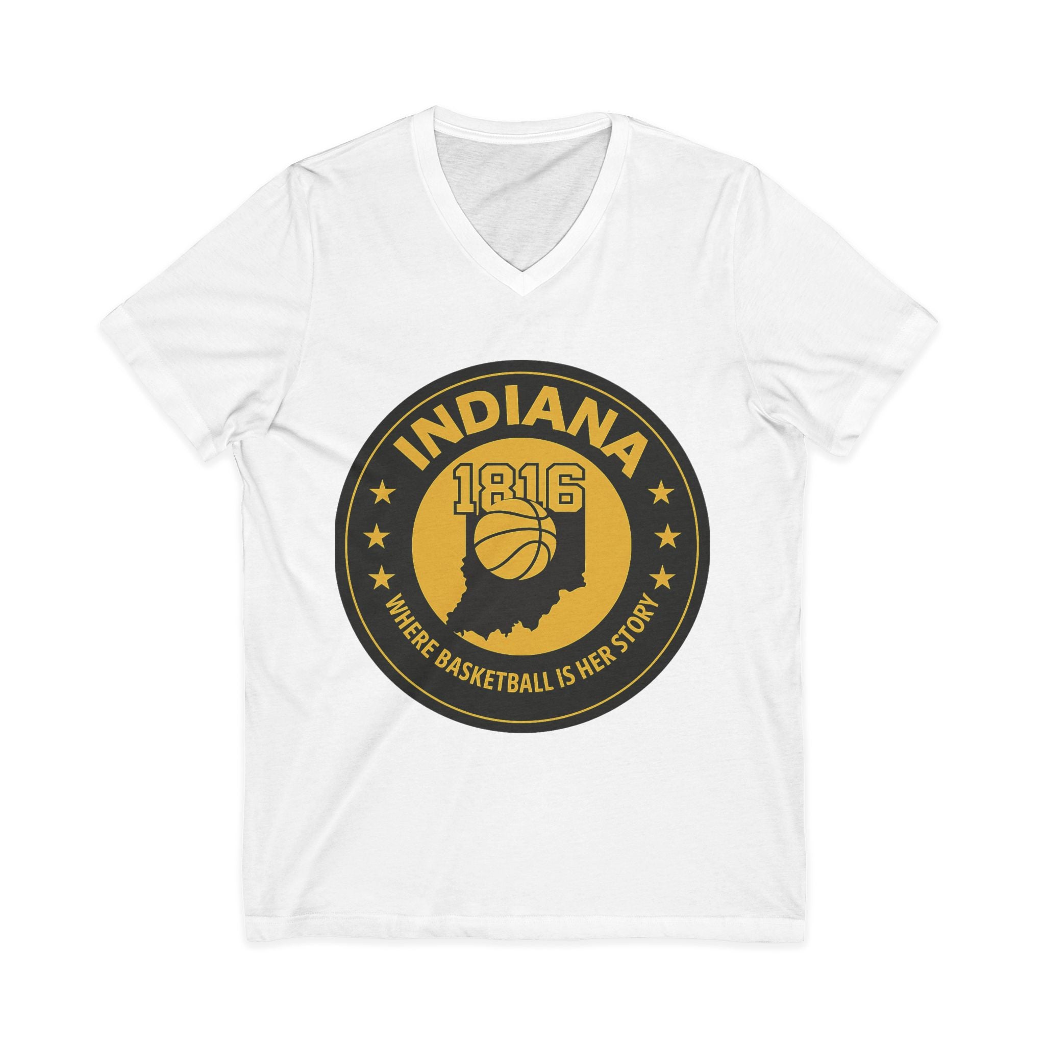 Indiana 1816 Basketball State Tee — "Where Basketball Is Her Story" V‑Neck