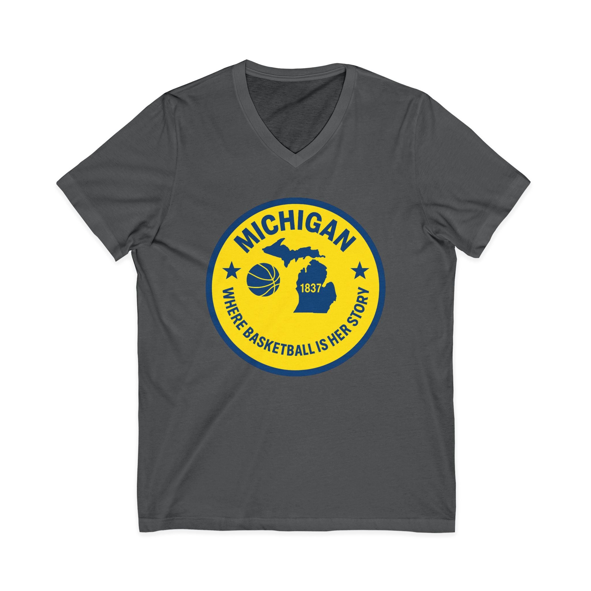 Michigan Basketball V-Neck Tee — 'Where Basketball Is Her Story' State Badge