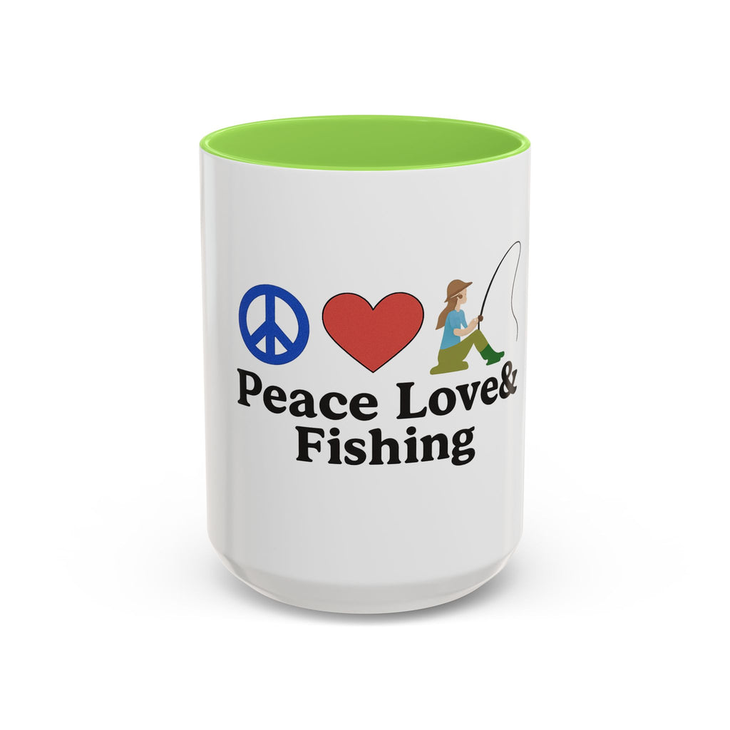 Peace, Love & Fishing Mug - Colorful Ceramic Coffee Cup for Anglers