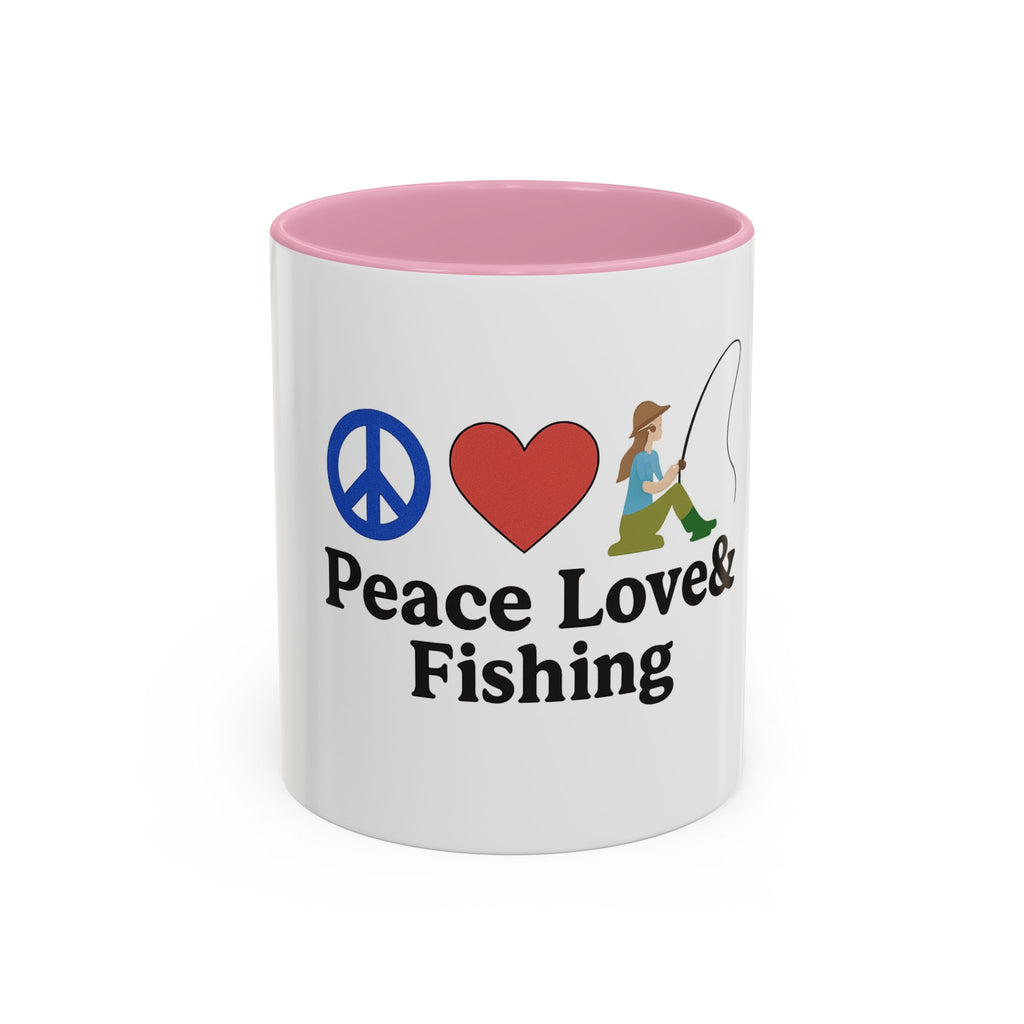 Peace, Love & Fishing Mug - Colorful Ceramic Coffee Cup for Anglers