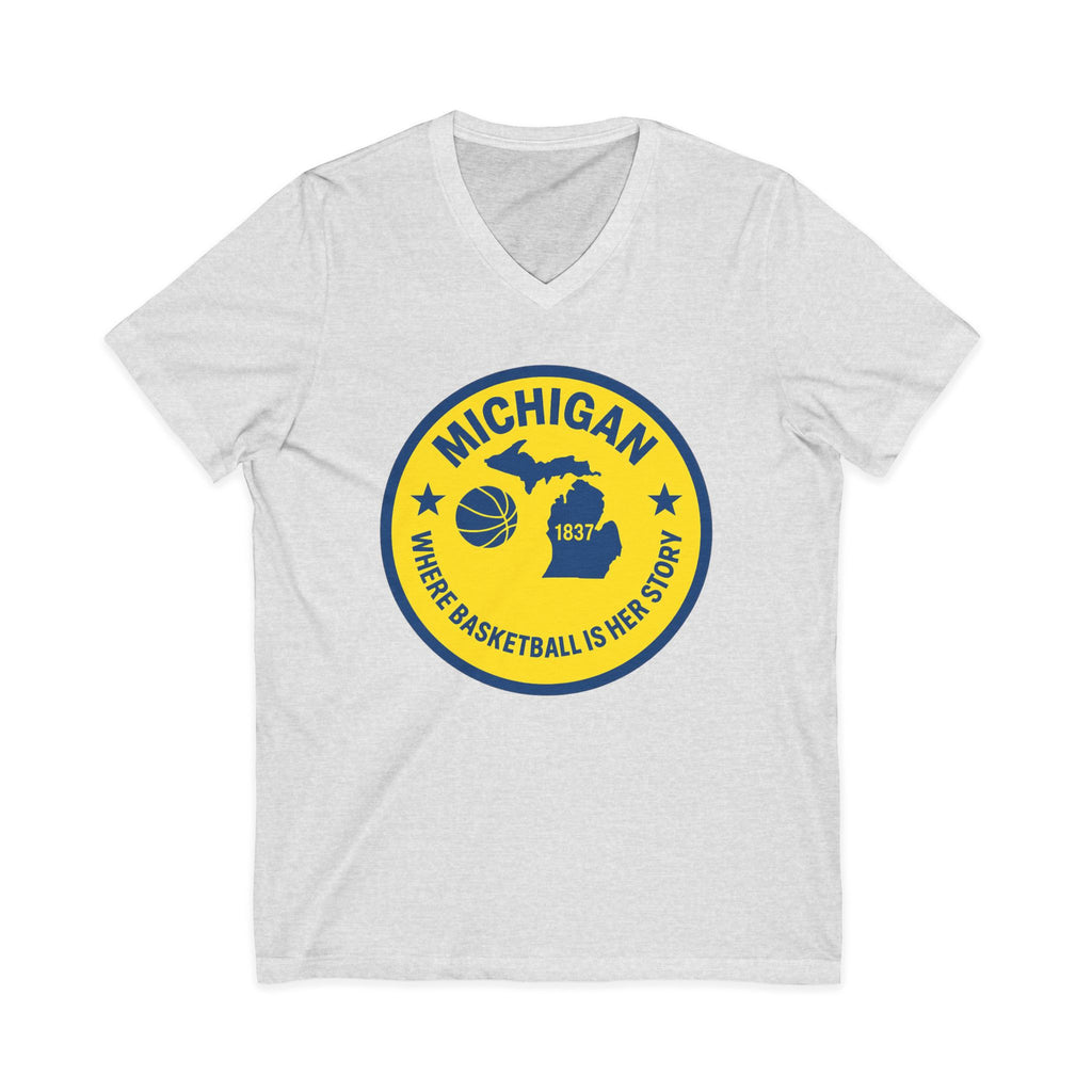 Michigan Basketball V-Neck Tee — 'Where Basketball Is Her Story' State Badge