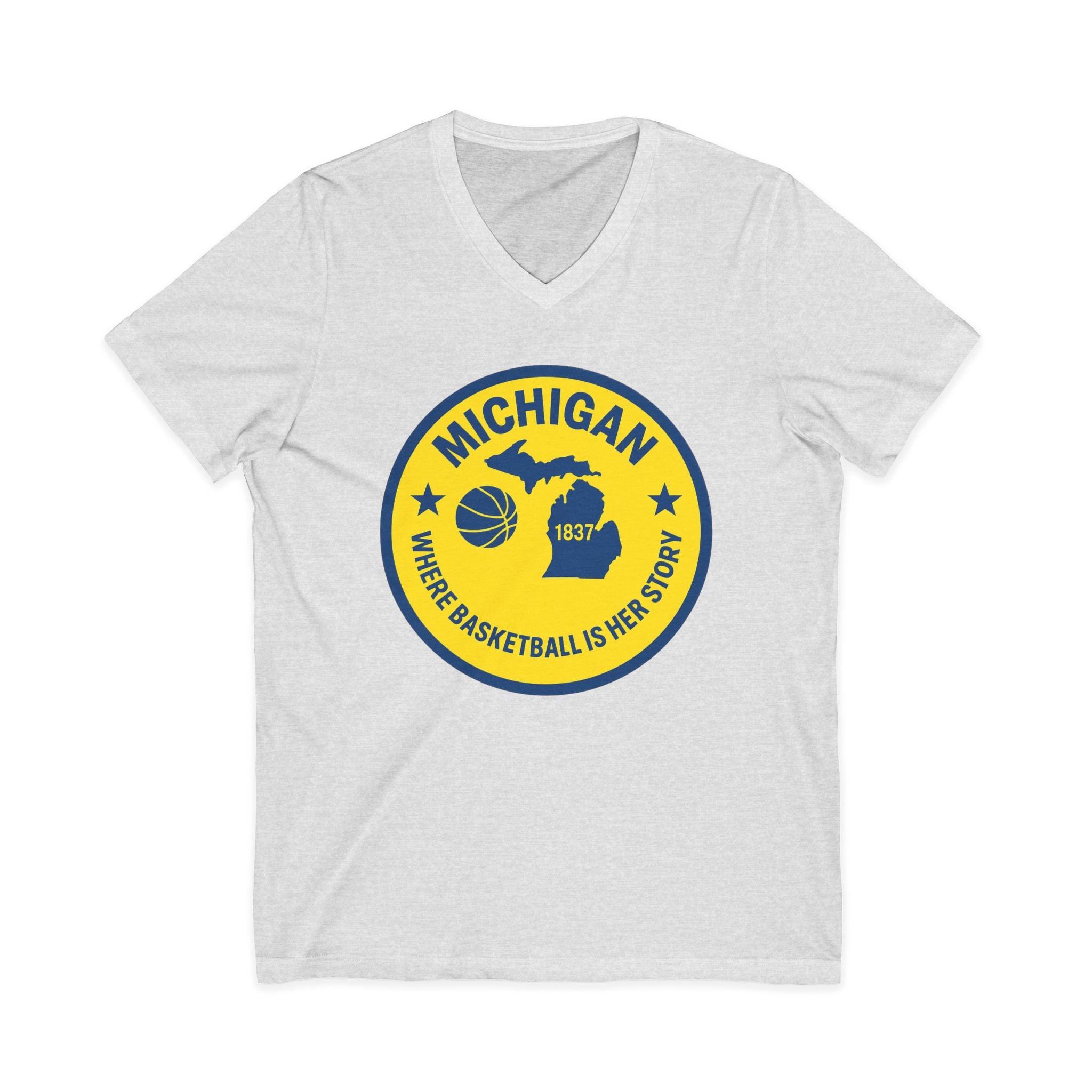 Michigan Basketball V-Neck Tee — 'Where Basketball Is Her Story' State Badge