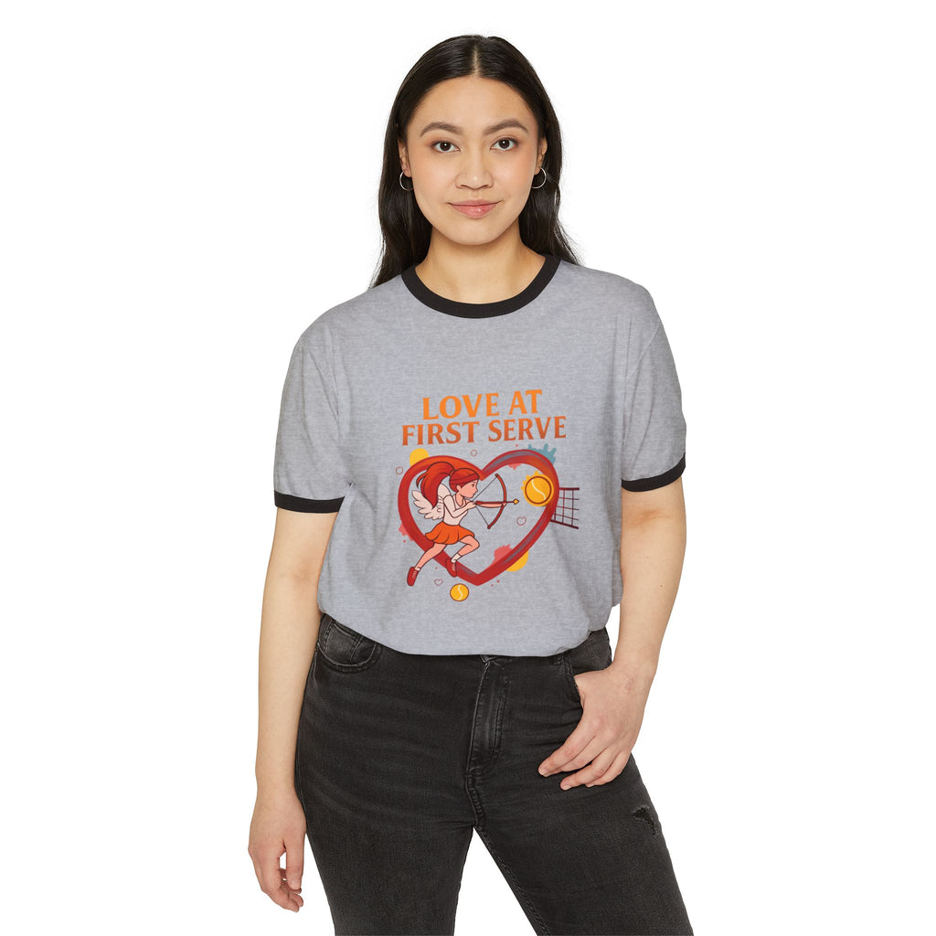 T-Shirt – "Love at First Serve" Tennis Heart Ringer Tee