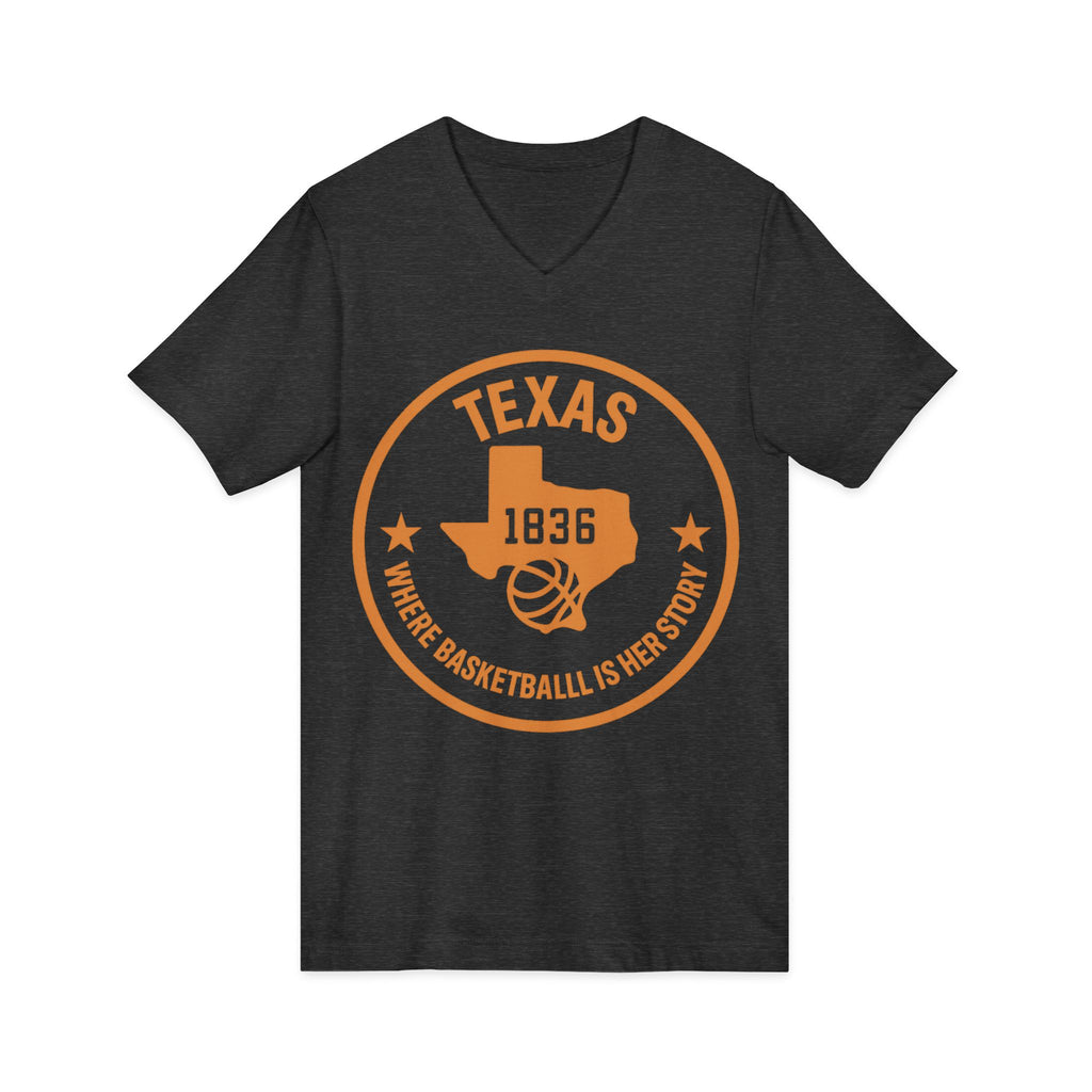 Texas 1836 Basketball V-Neck Tee — Where Basketball Is Her Story