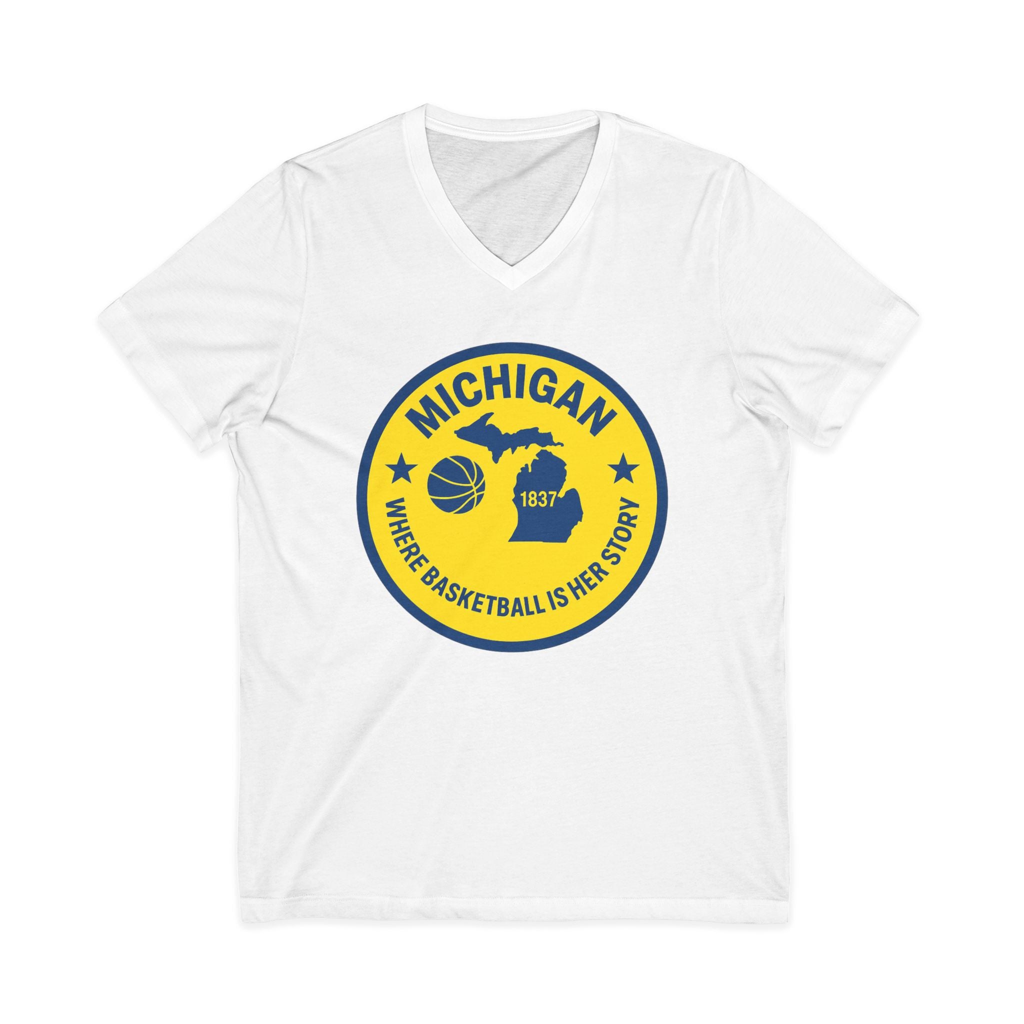 Michigan Basketball V-Neck Tee — 'Where Basketball Is Her Story' State Badge