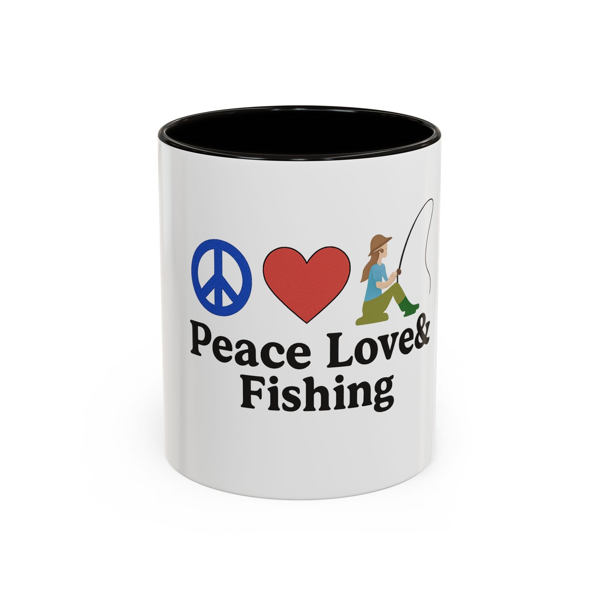 Peace, Love & Fishing Mug - Colorful Ceramic Coffee Cup for Anglers