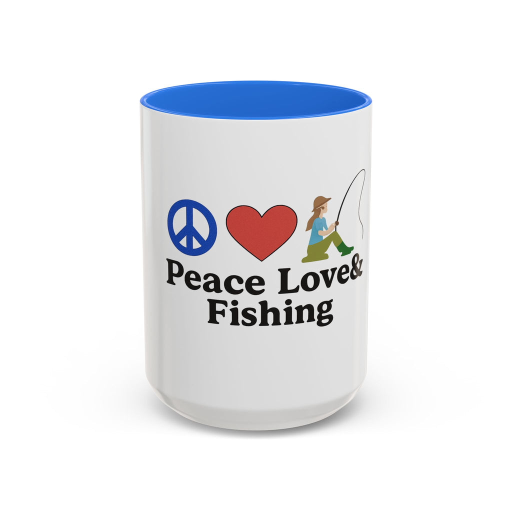 Peace, Love & Fishing Mug - Colorful Ceramic Coffee Cup for Anglers