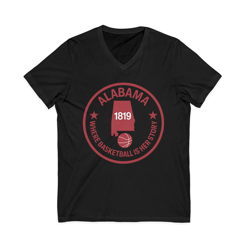 Alabama Basketball V-Neck Tee — "Where Basketball Is Her Story" State Logo