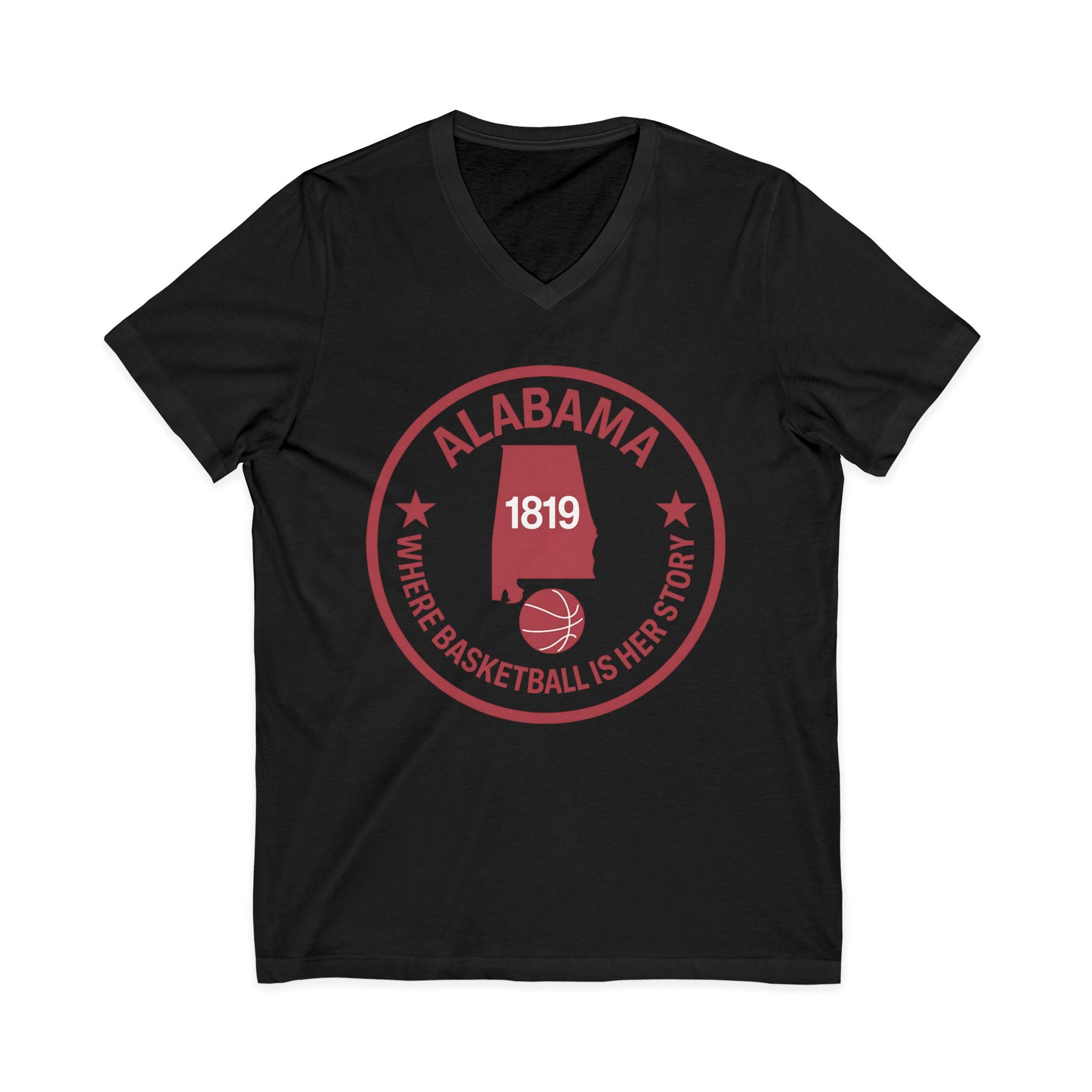Alabama Basketball V-Neck Tee — "Where Basketball Is Her Story" State Logo