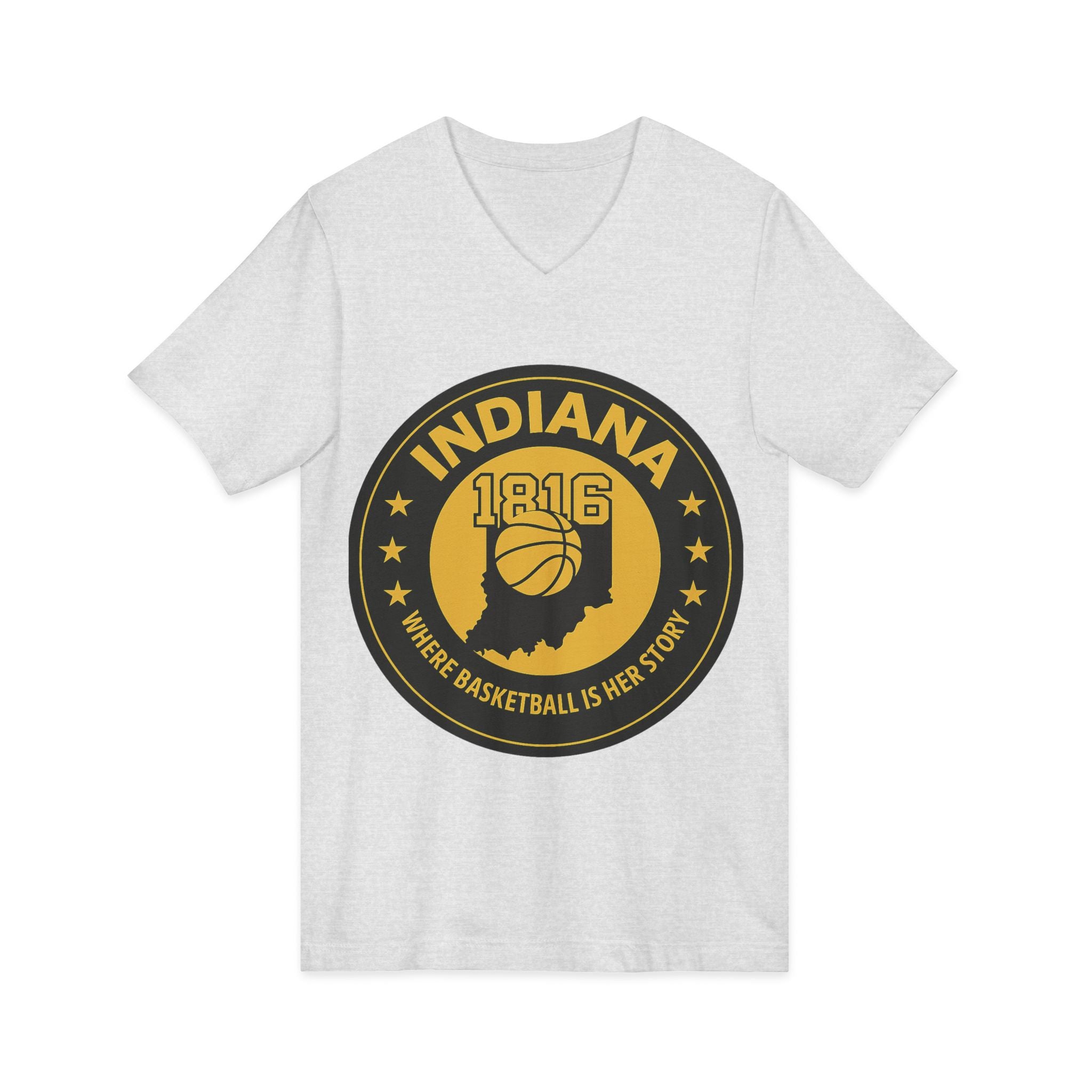 Indiana 1816 Basketball State Tee — "Where Basketball Is Her Story" V‑Neck